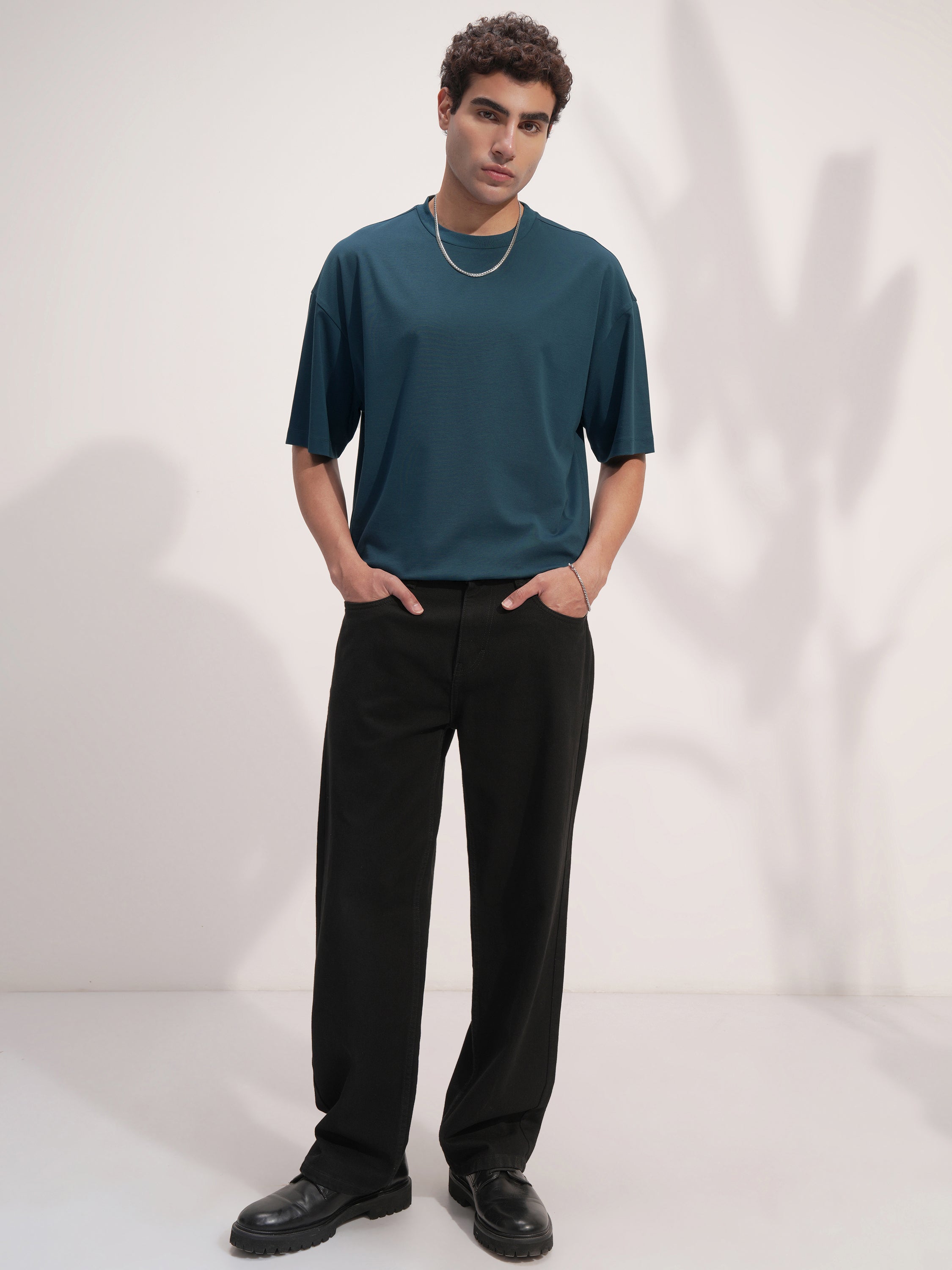 Highlander Men Teal Solid Round Neck Oversized Fit T-Shirt - Teal - Image 2