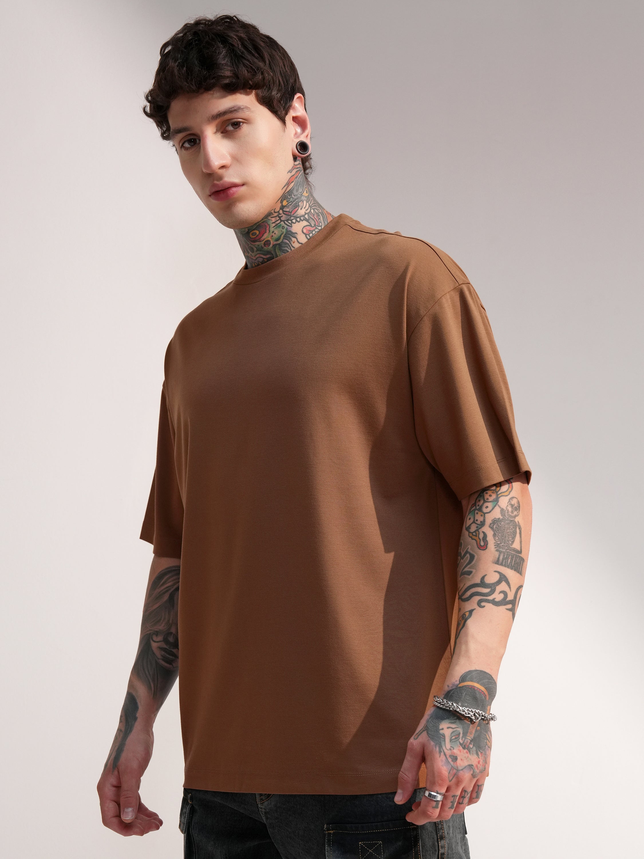 Highlander Men Brown Solid Round Neck Oversized Fit T-Shirt - Brown - Image 4