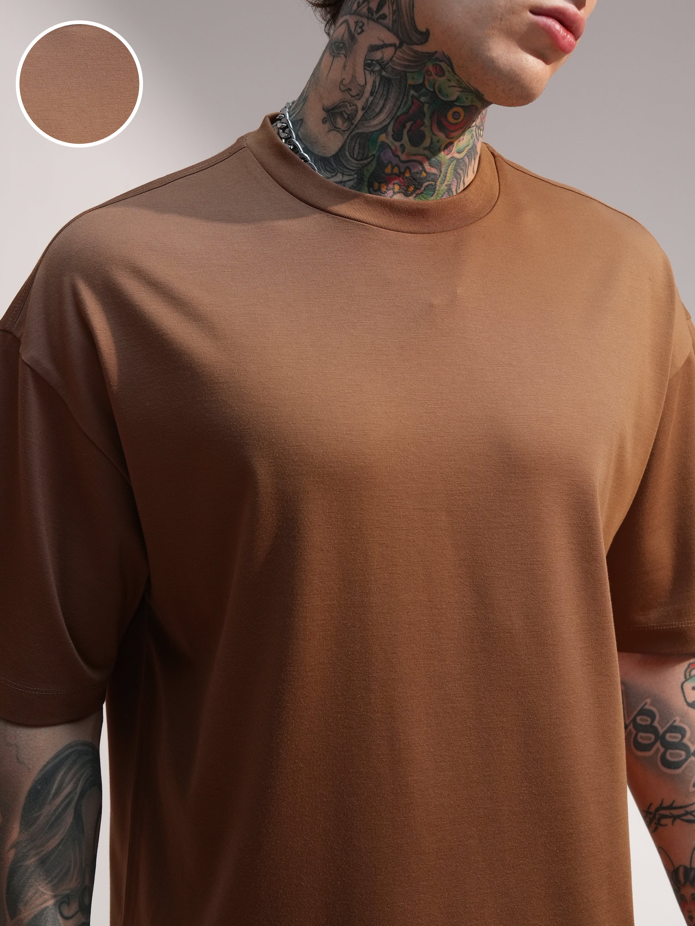 Highlander Men Brown Solid Round Neck Oversized Fit T-Shirt - Brown - Image 5