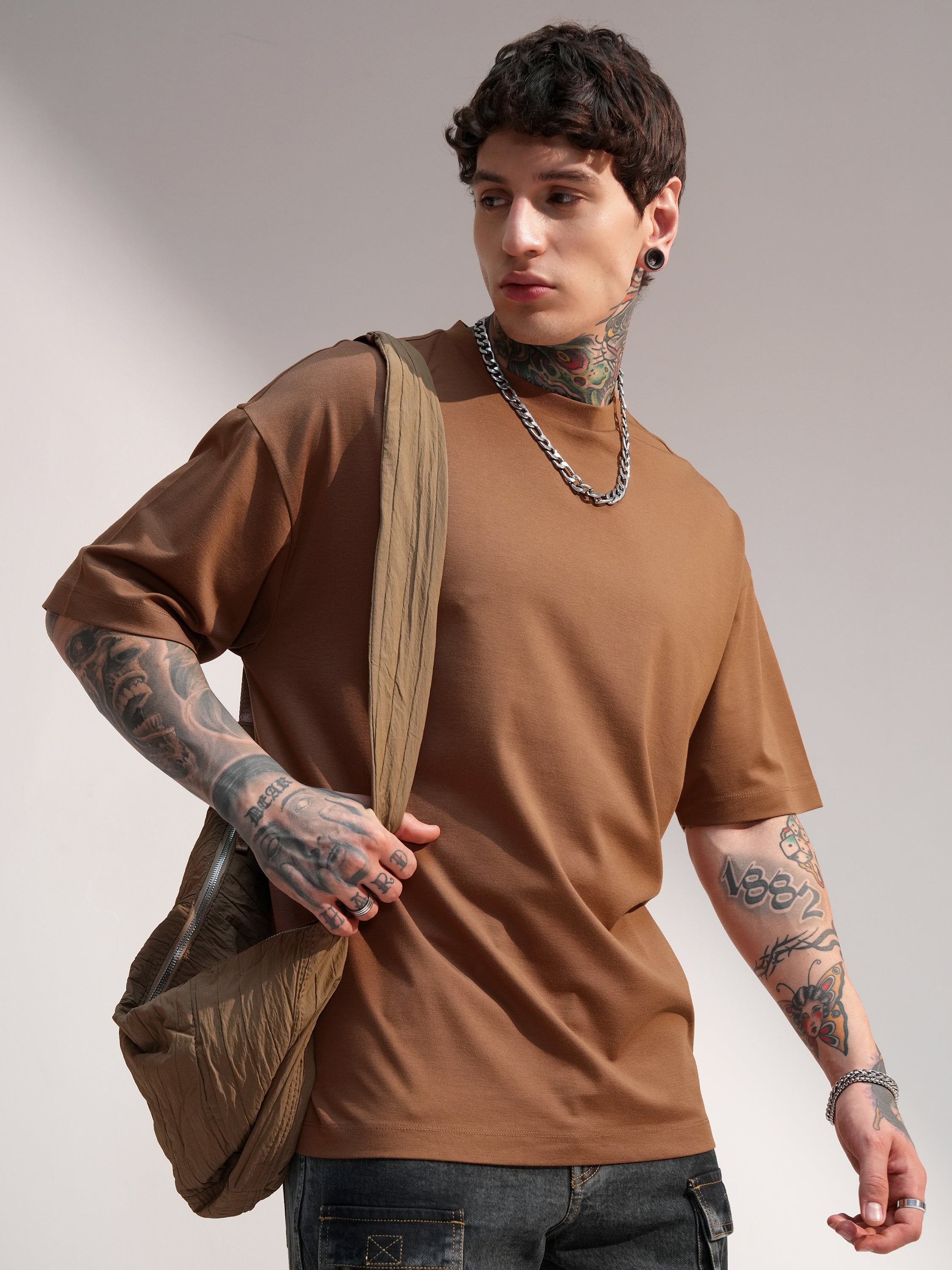 Highlander Men Brown Solid Round Neck Oversized Fit T-Shirt - Brown - Image 6