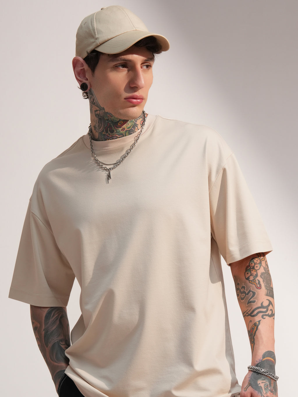 Highlander Men Beige Solid Round Neck Oversized Fit T-Shirt - Beige - Image 1