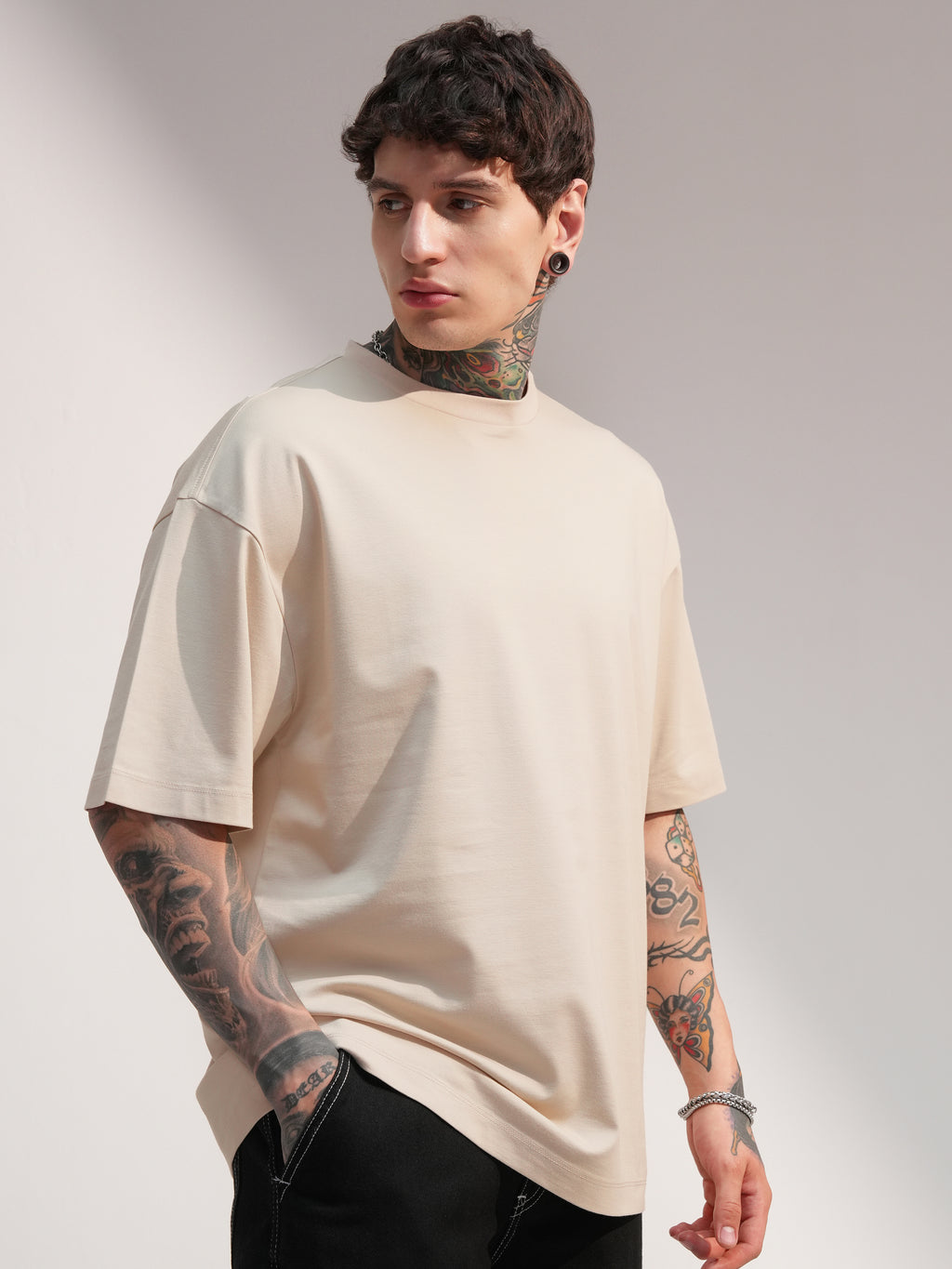 Highlander Men Beige Solid Round Neck Oversized Fit T-Shirt - Beige - Image 6
