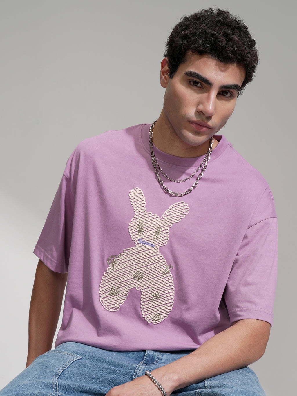Highlander Men Mauve Embroidered Round Neck Oversized Fit T-Shirt - Mauve - Image 1