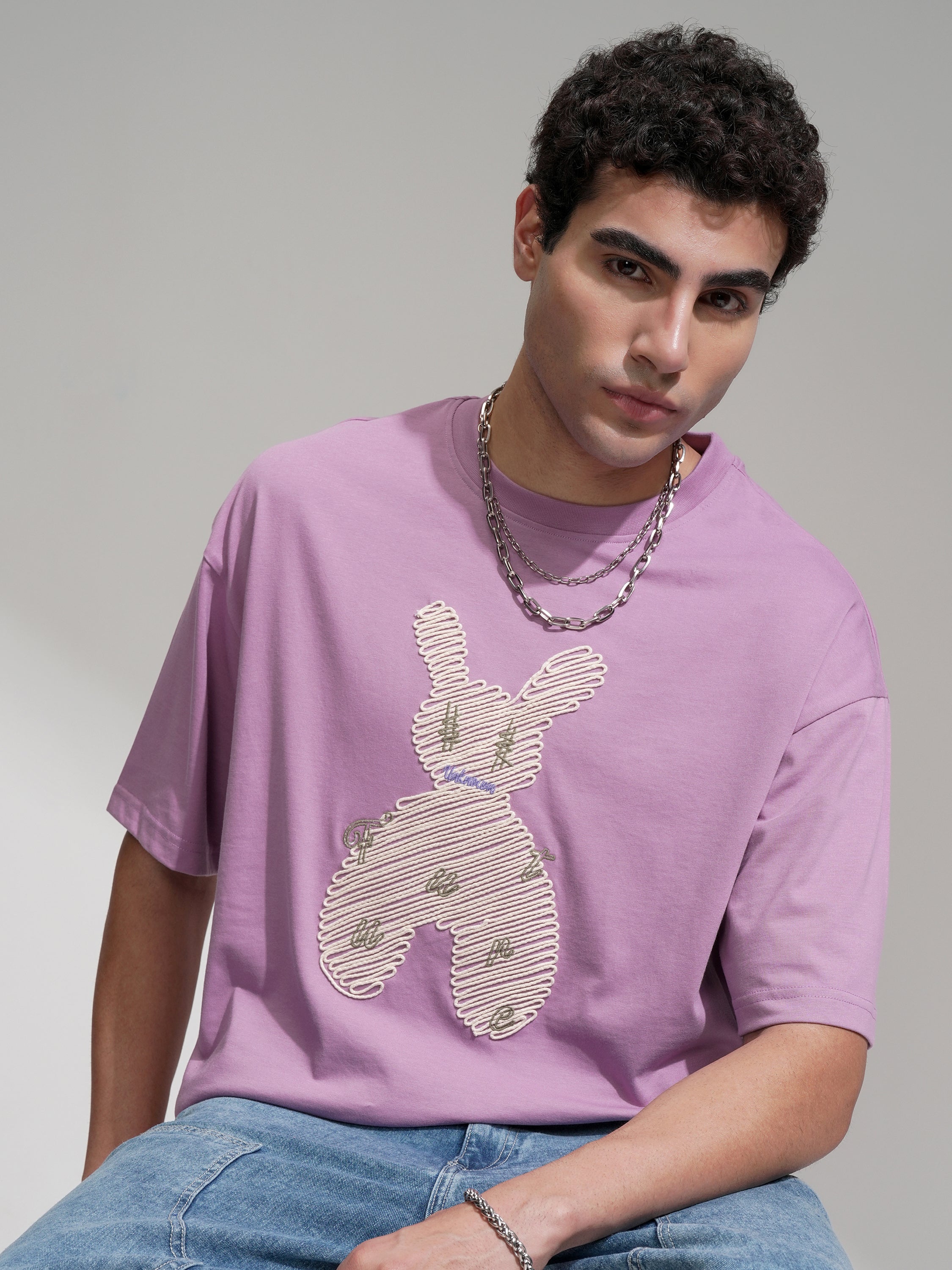 Highlander Men Mauve Embroidered Round Neck Oversized Fit T-Shirt - Mauve - Image 1