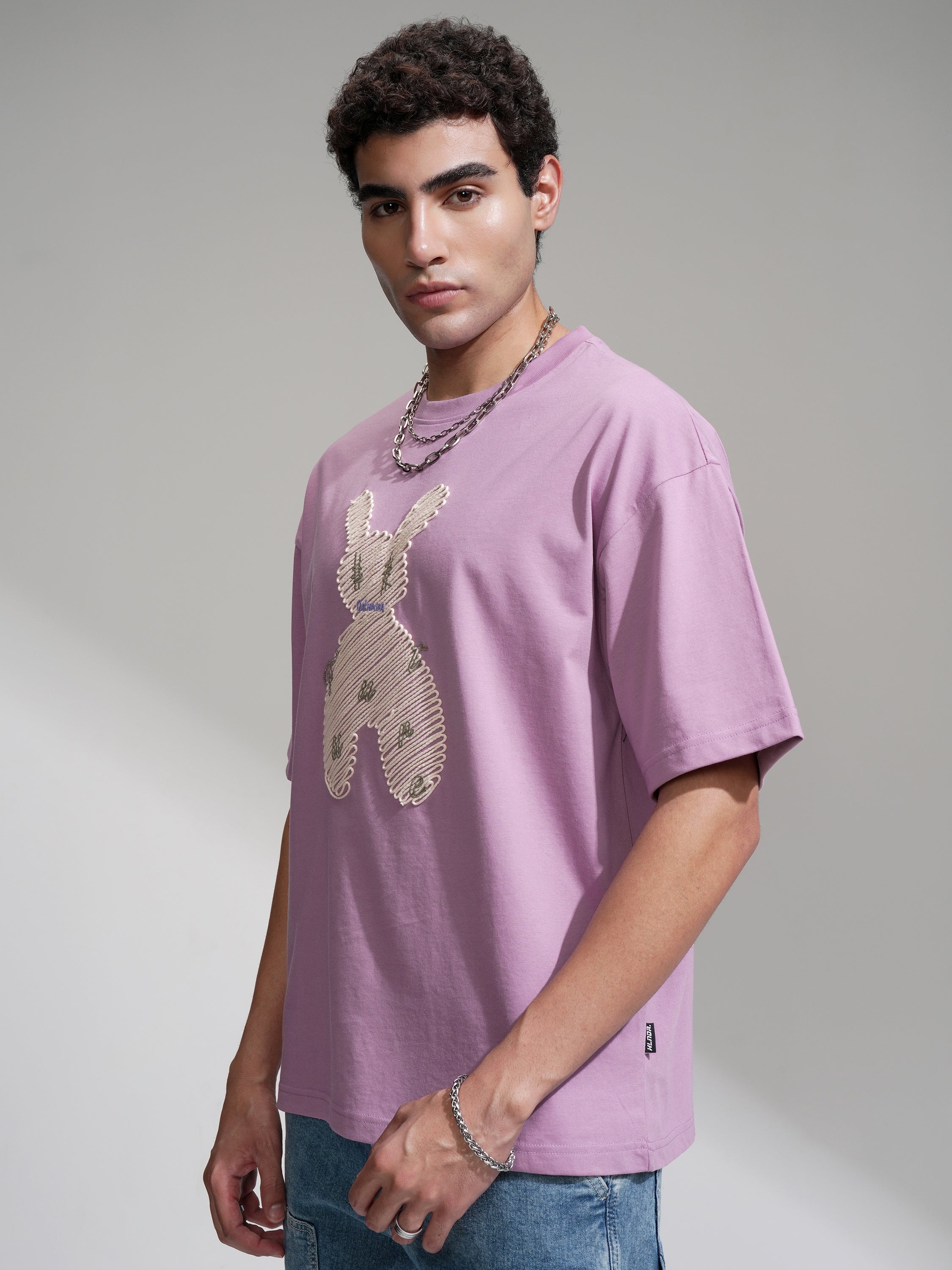 Highlander Men Mauve Embroidered Round Neck Oversized Fit T-Shirt - Mauve - Image 4