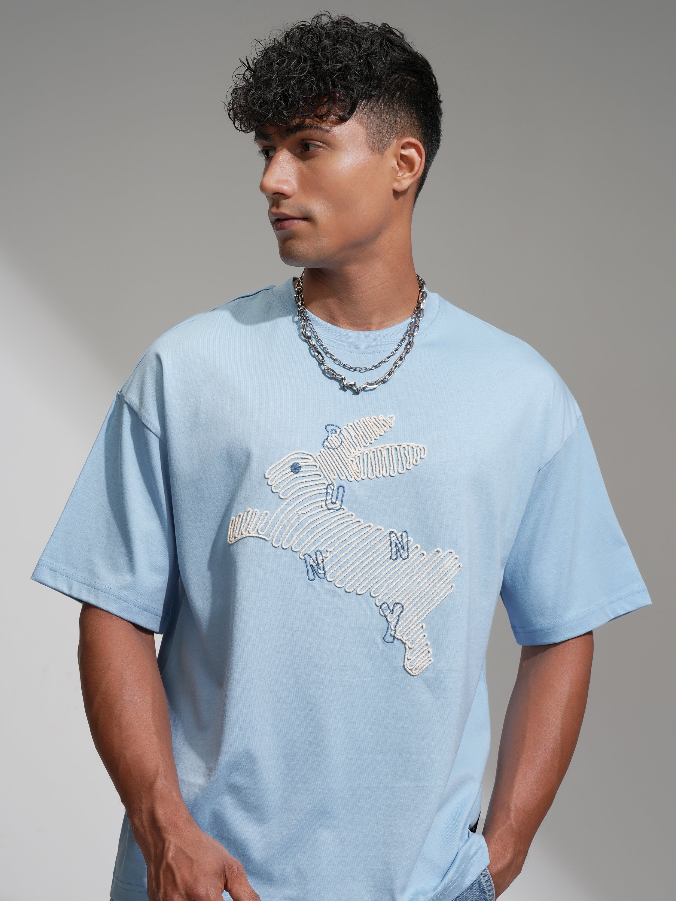 Highlander Men Blue Embroidered Round Neck Oversized Fit T-Shirt - Blue - Image 1