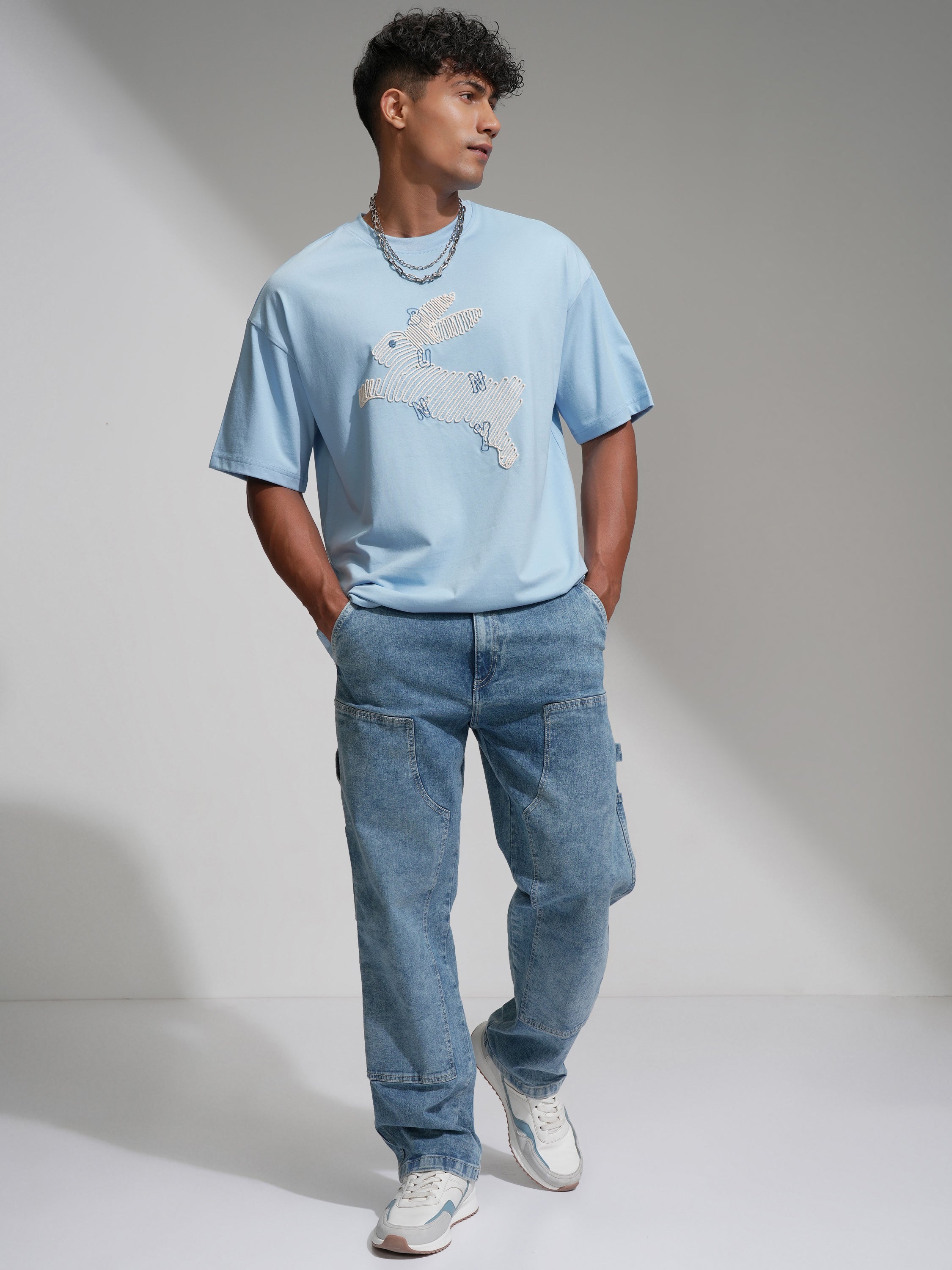 Highlander Men Blue Embroidered Round Neck Oversized Fit T-Shirt - Blue - Image 2