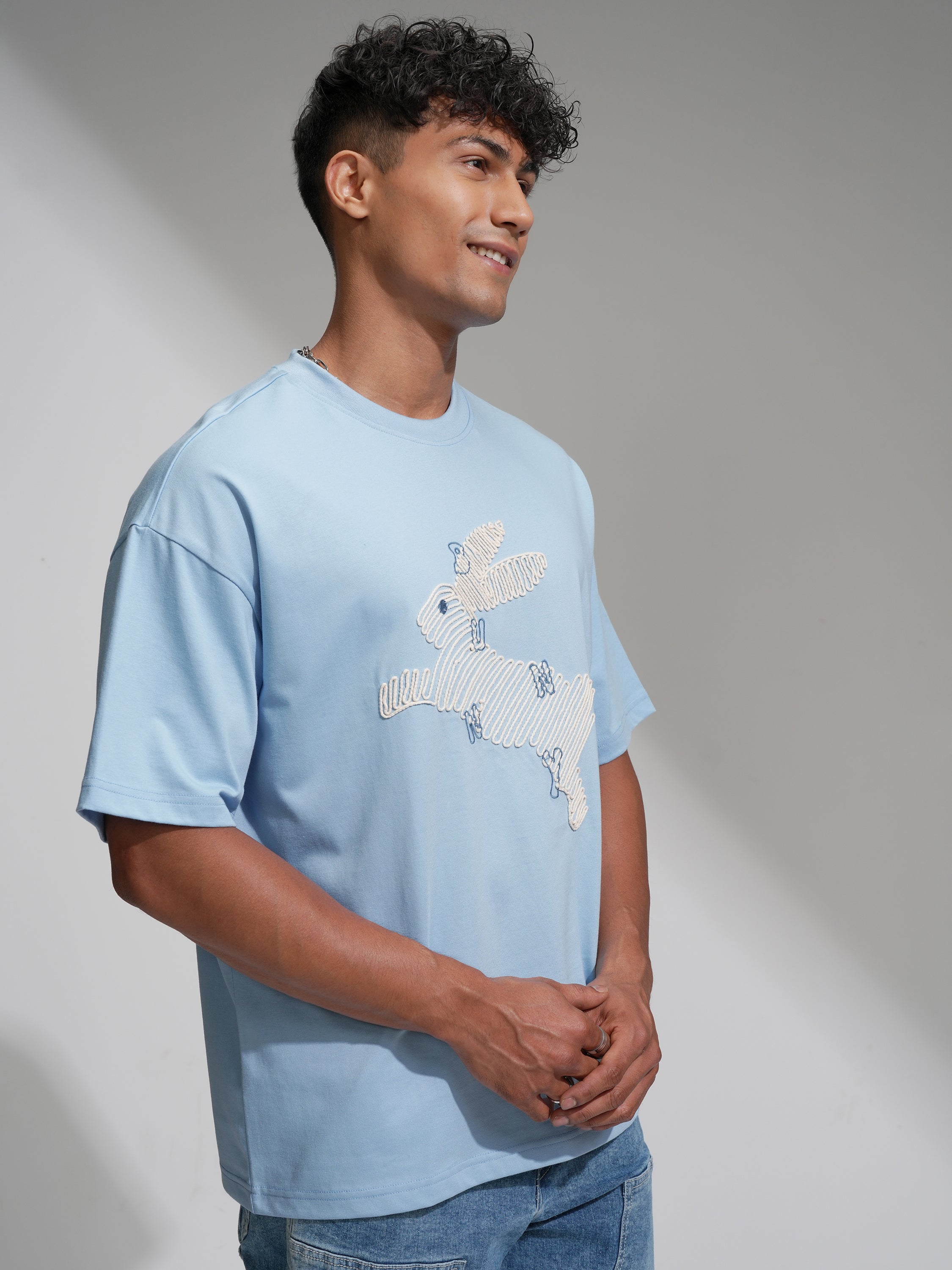 Highlander Men Blue Embroidered Round Neck Oversized Fit T-Shirt - Blue - Image 6