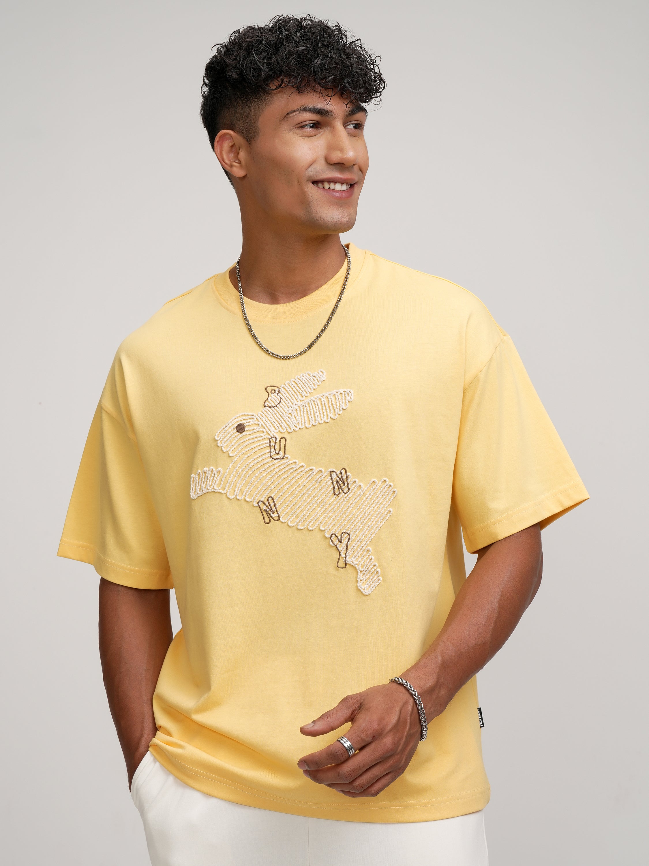 Highlander Men Yellow Embroidered Round Neck Oversized Fit T-Shirt - Yellow - Image 1
