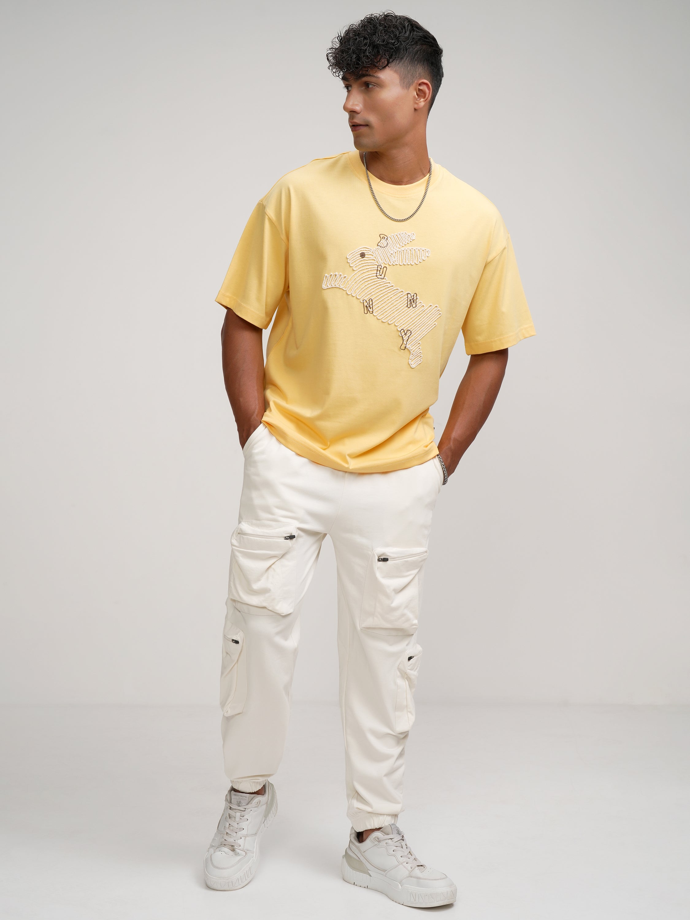 Highlander Men Yellow Embroidered Round Neck Oversized Fit T-Shirt - Yellow - Image 2