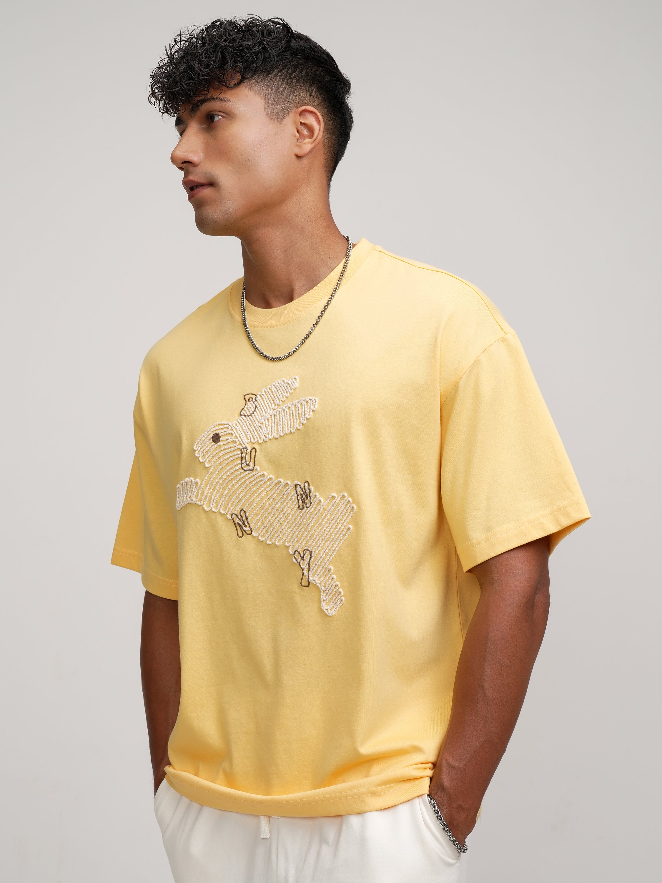Highlander Men Yellow Embroidered Round Neck Oversized Fit T-Shirt - Yellow - Image 4