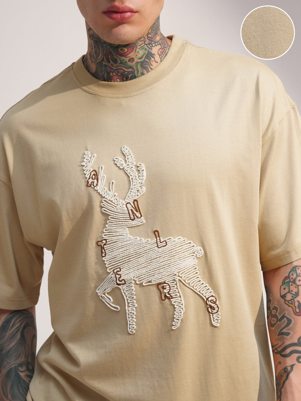 Highlander Men Beige Embroidered Round Neck Oversized Fit T-Shirt - Beige - Image 5