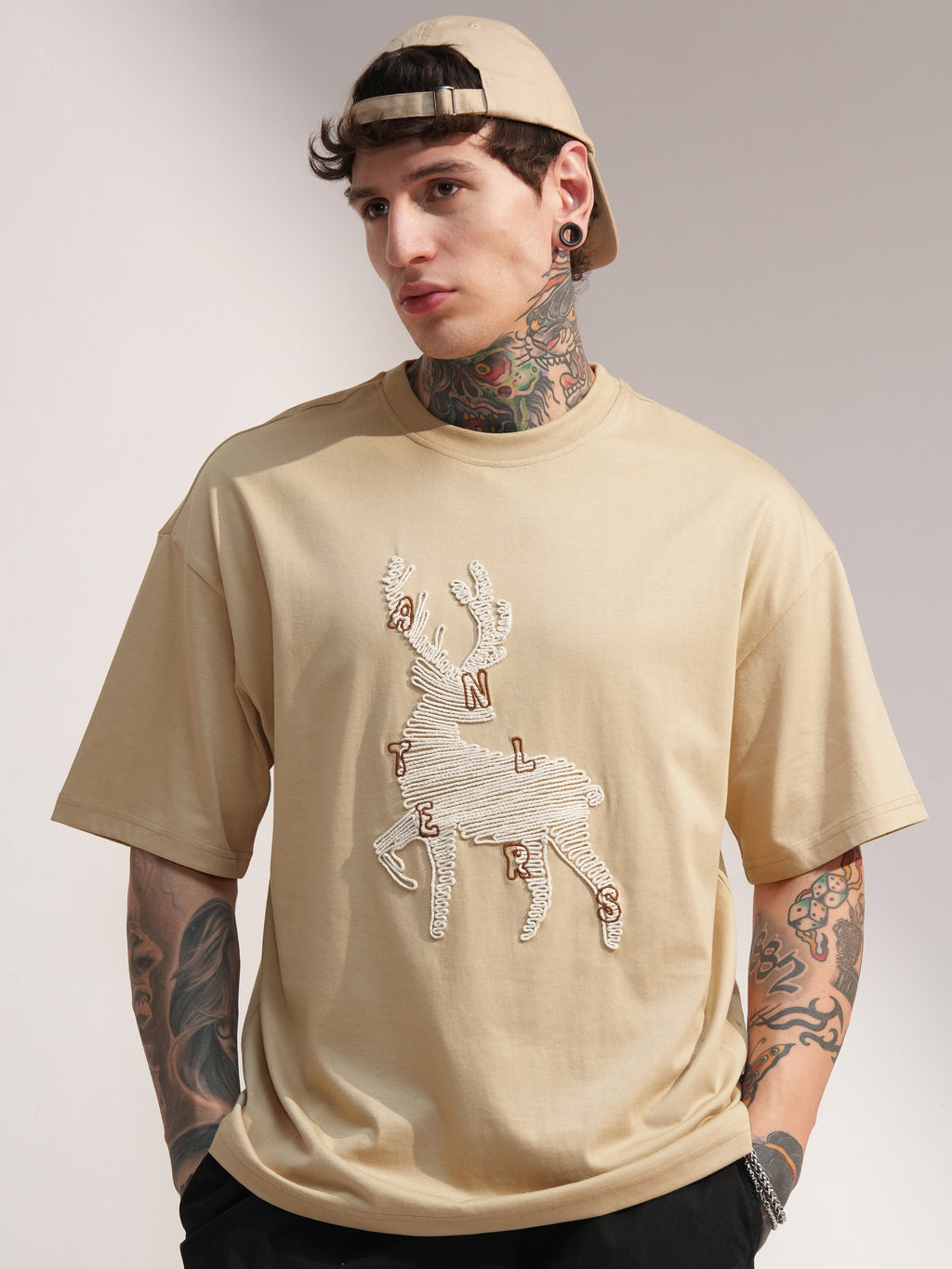 Highlander Men Beige Embroidered Round Neck Oversized Fit T-Shirt - Beige - Image 6