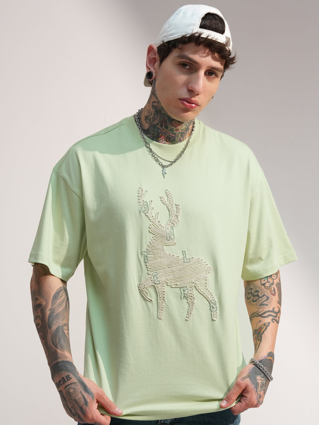 Highlander Men Green Embroidered Round Neck Oversized Fit T-Shirt - Green - Image 1