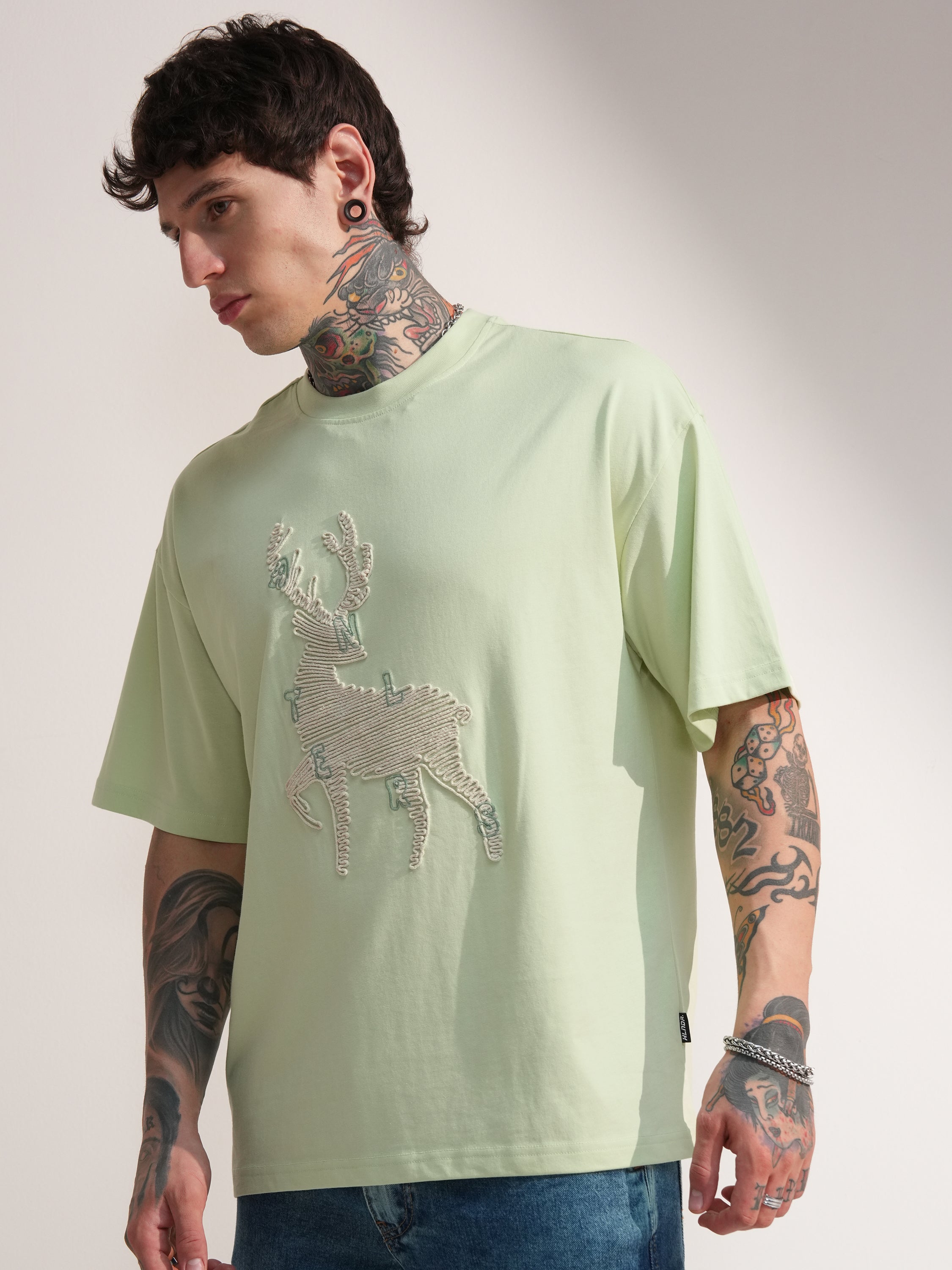Highlander Men Green Embroidered Round Neck Oversized Fit T-Shirt - Green - Image 4