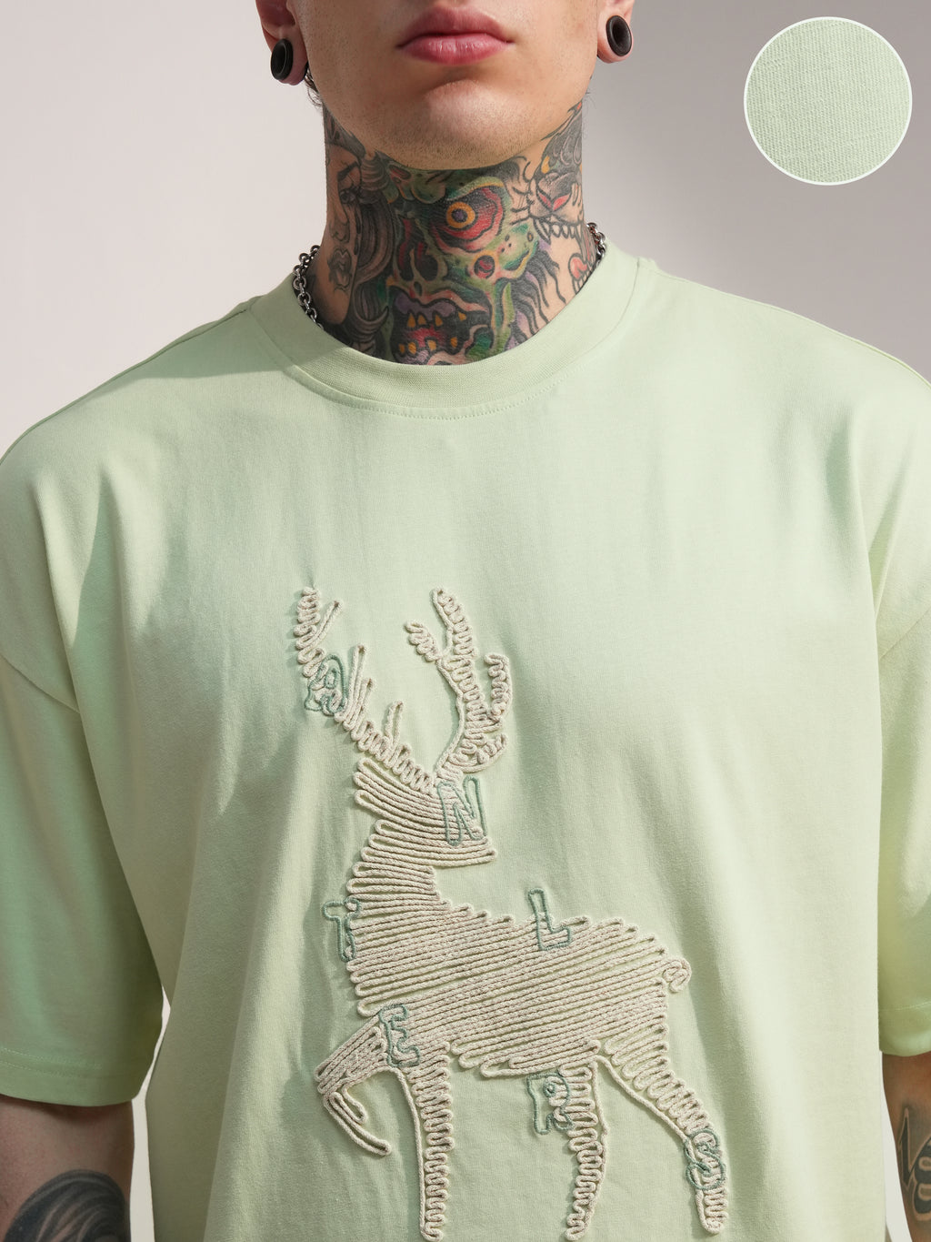 Highlander Men Green Embroidered Round Neck Oversized Fit T-Shirt - Green - Image 5
