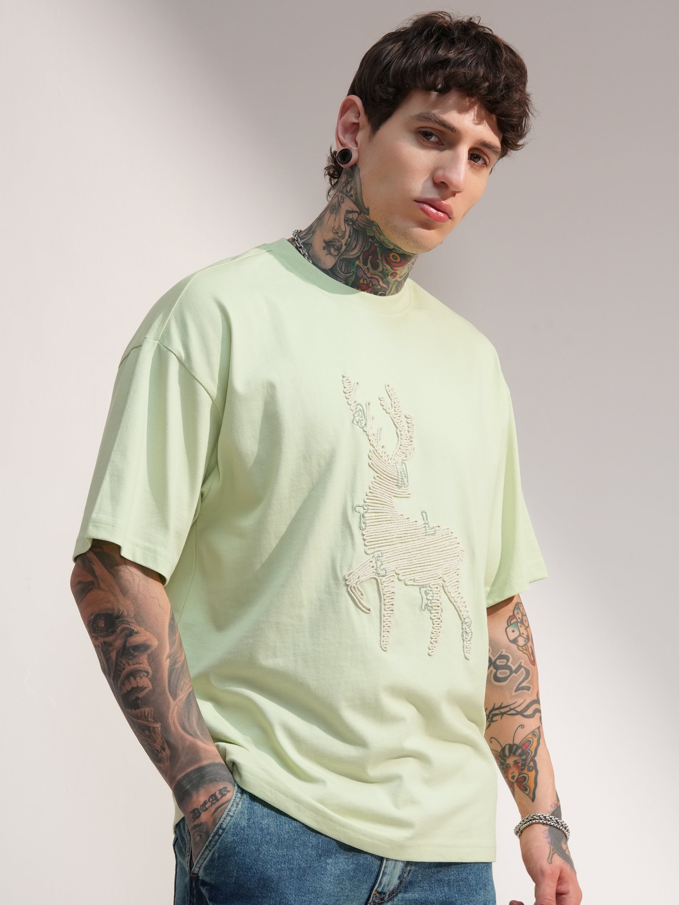 Highlander Men Green Embroidered Round Neck Oversized Fit T-Shirt - Green - Image 6