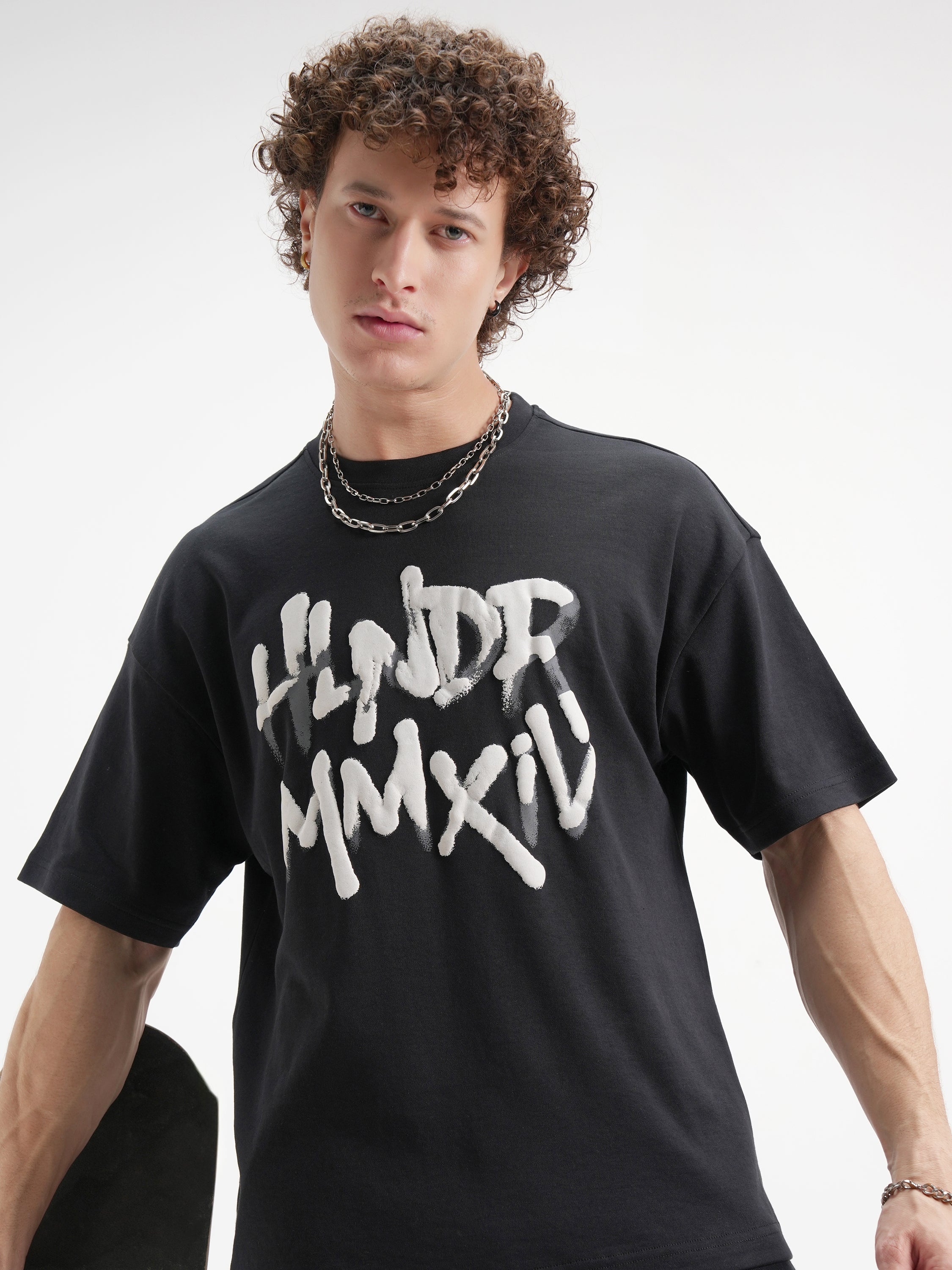Highlander Men Black Printed Round Neck Oversized Fit T-Shirt - Black - Image 1