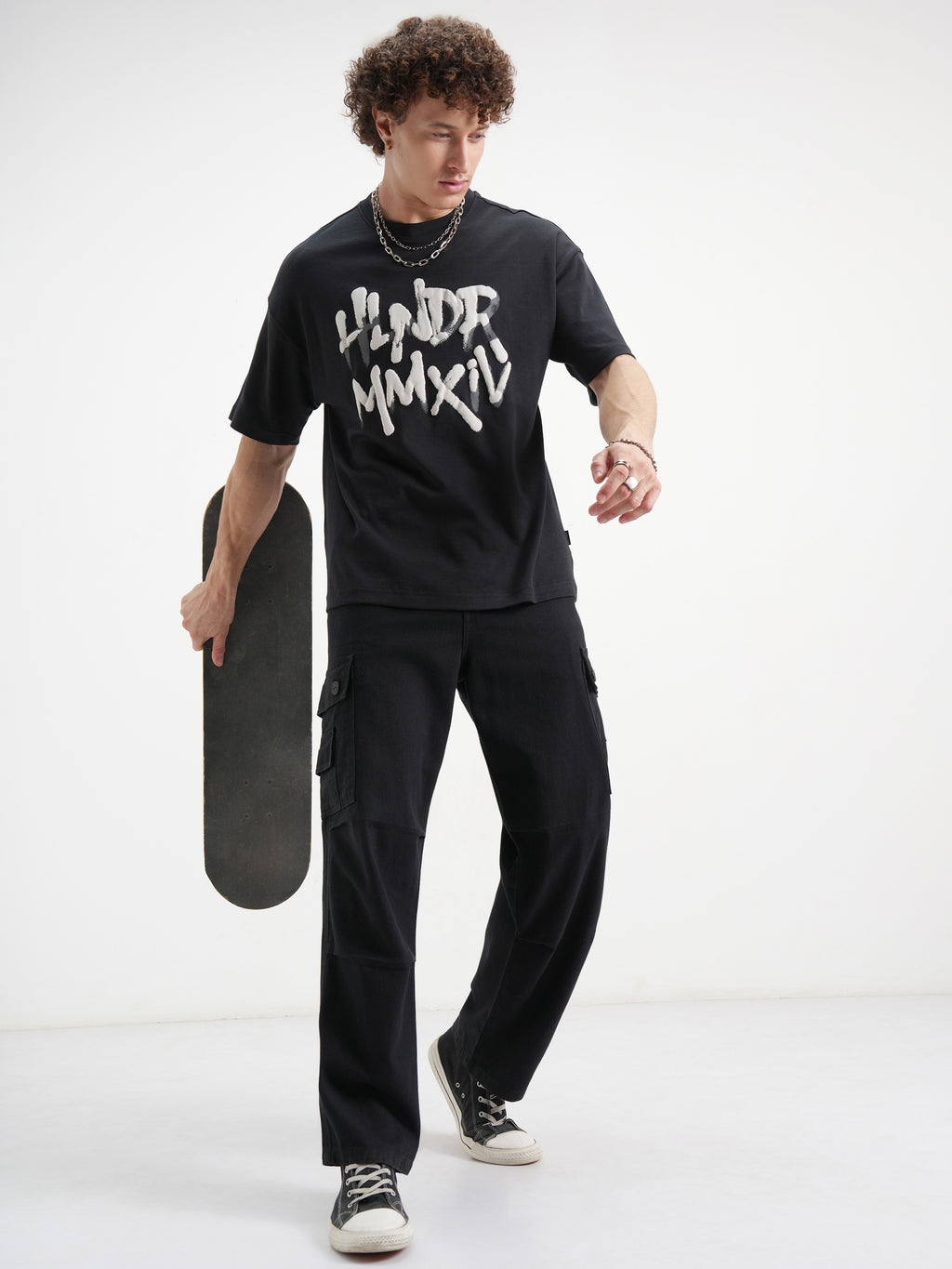 Highlander Men Black Printed Round Neck Oversized Fit T-Shirt - Black - Image 2
