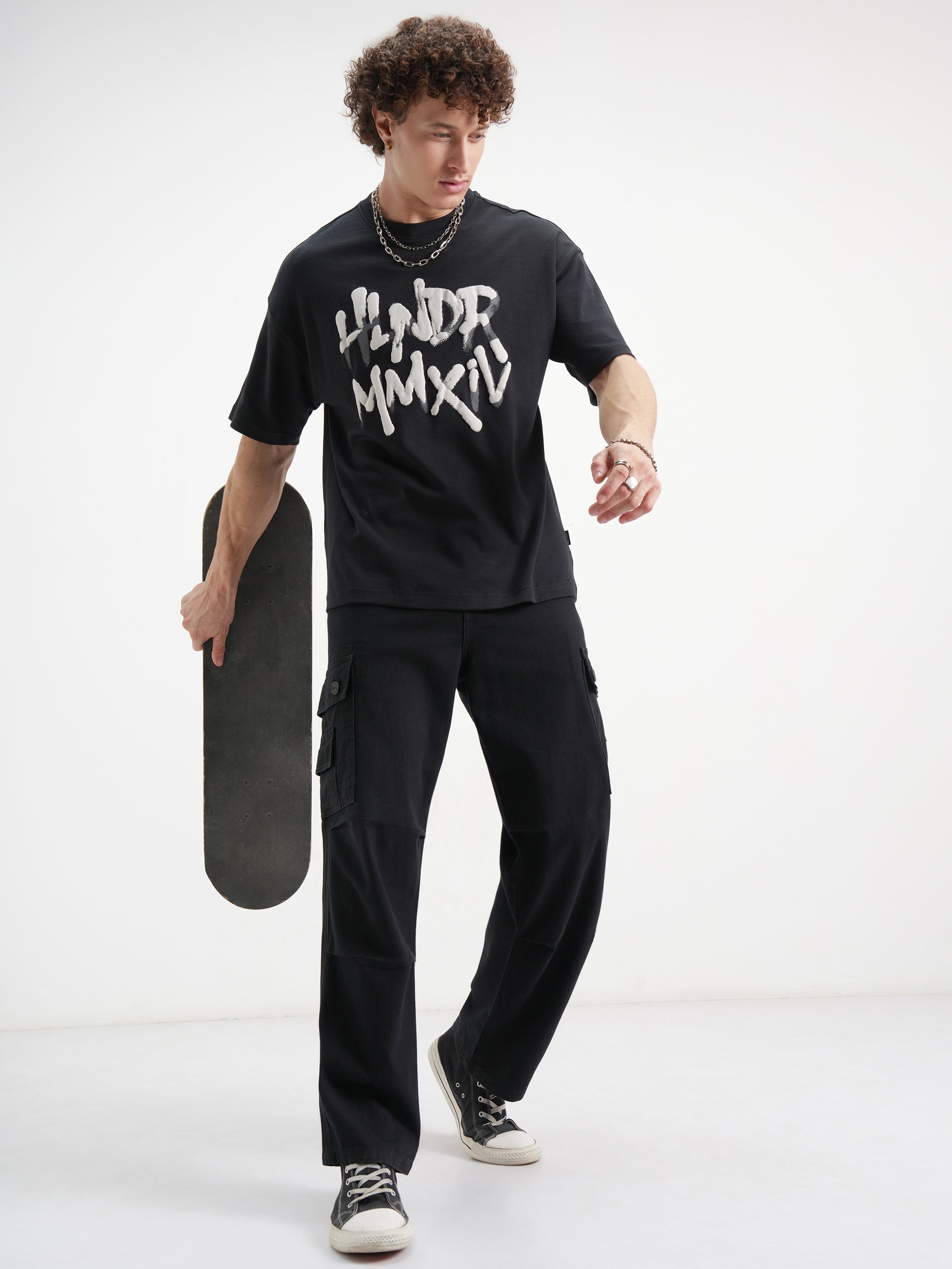 Highlander Men Black Printed Round Neck Oversized Fit T-Shirt - Black - Image 2