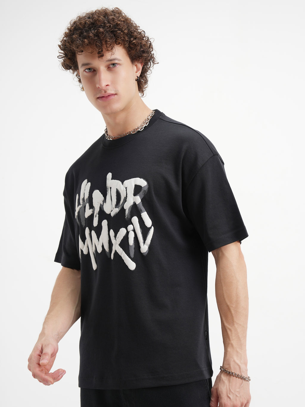 Highlander Men Black Printed Round Neck Oversized Fit T-Shirt - Black - Image 4