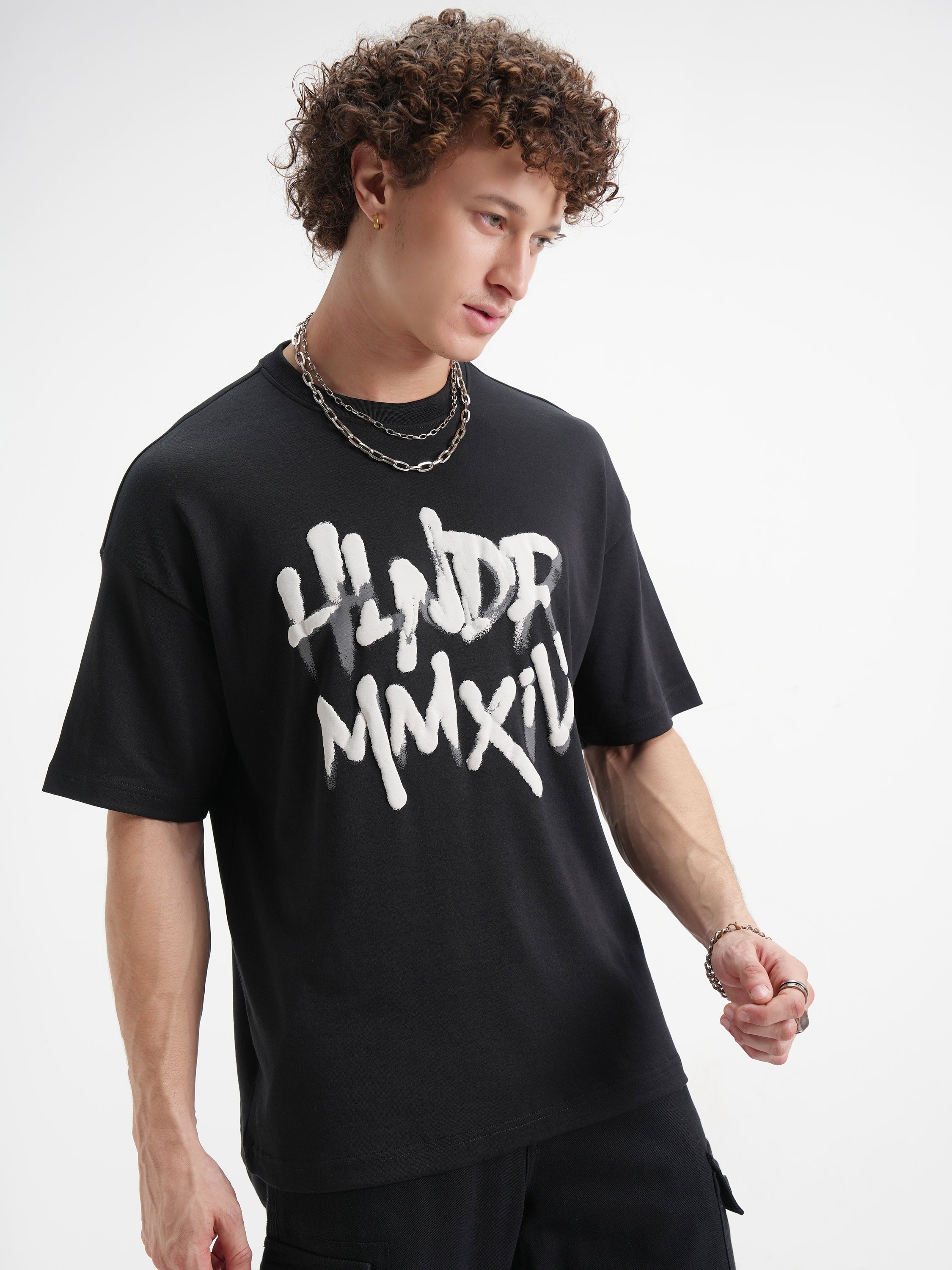 Highlander Men Black Printed Round Neck Oversized Fit T-Shirt - Black - Image 6