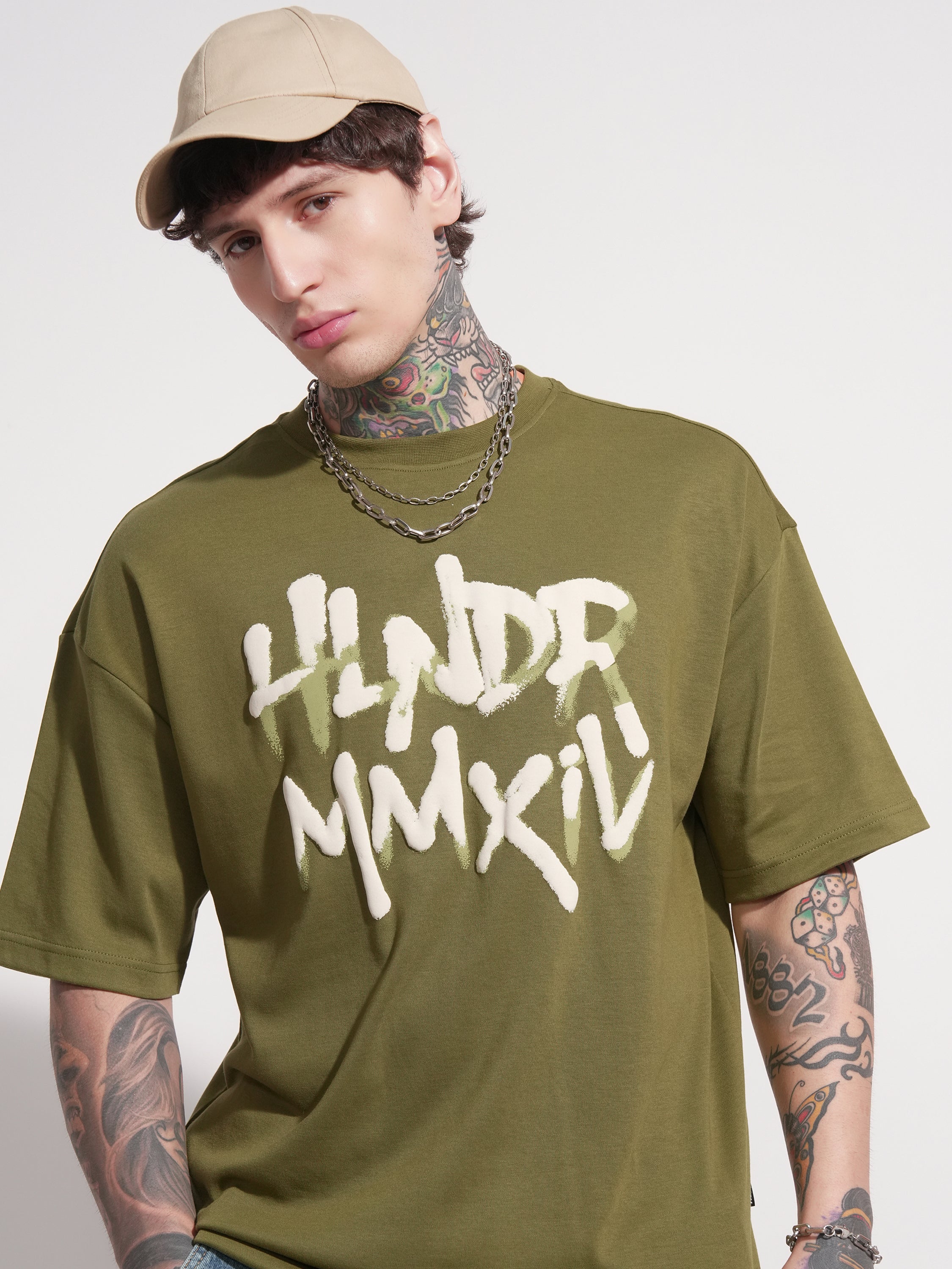 Highlander Men Olive Printed Round Neck Oversized Fit T-Shirt - Olive - Image 1