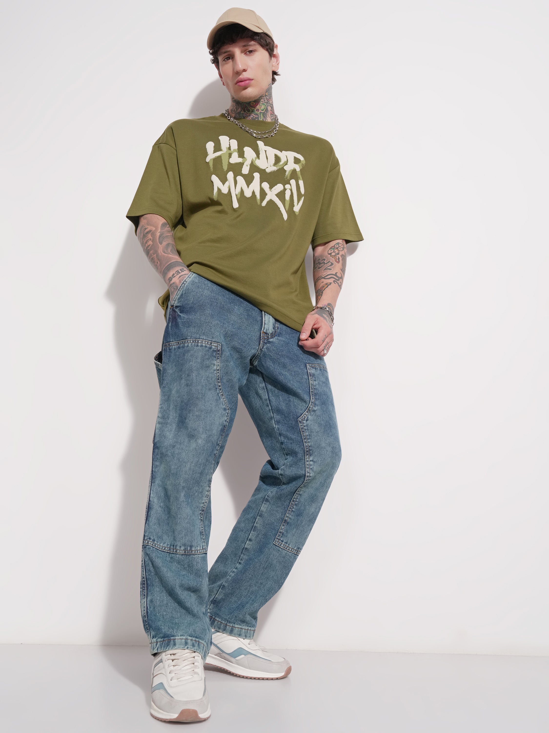 Highlander Men Olive Printed Round Neck Oversized Fit T-Shirt - Olive - Image 2