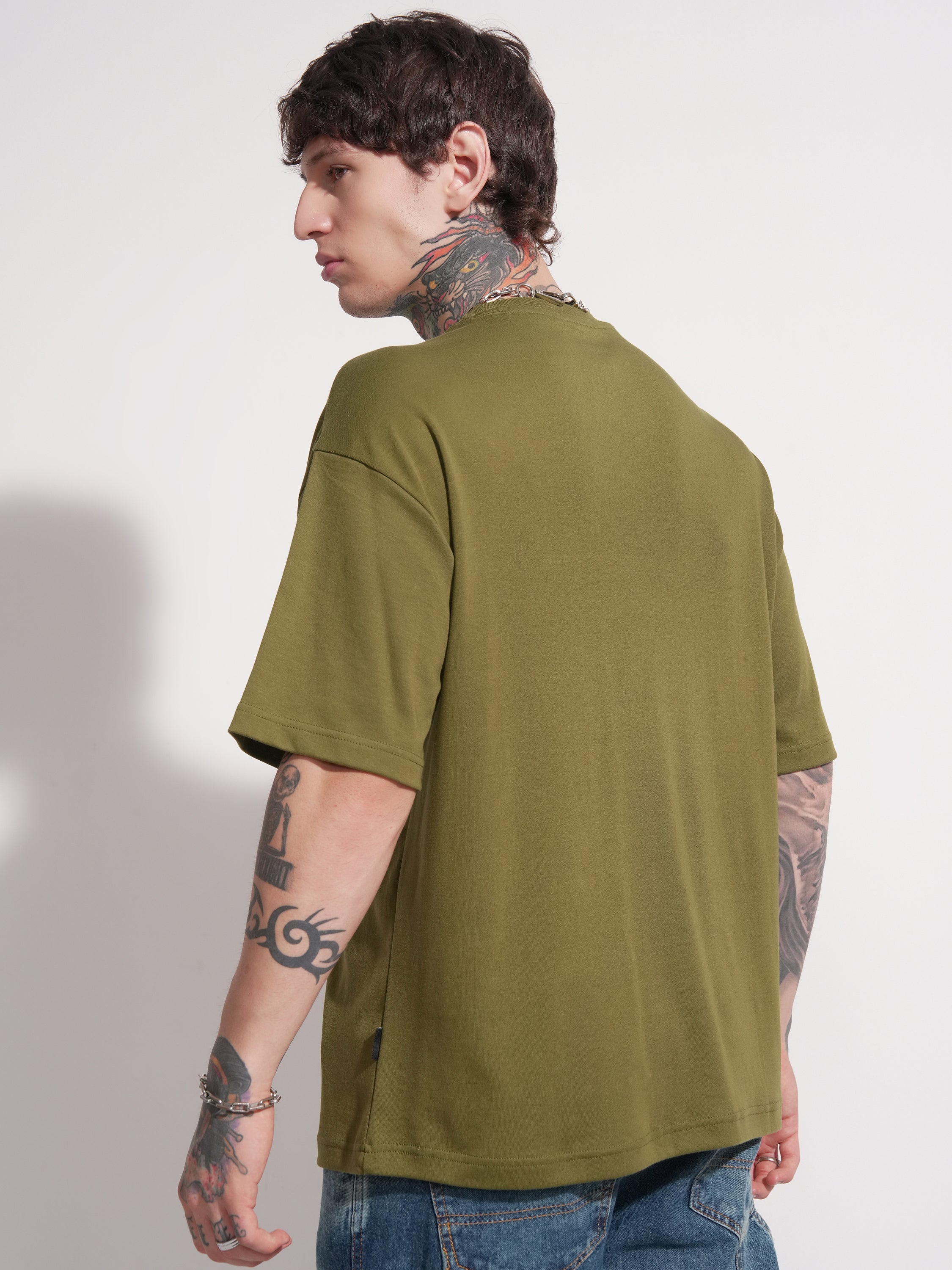 Highlander Men Olive Printed Round Neck Oversized Fit T-Shirt - Olive - Image 3
