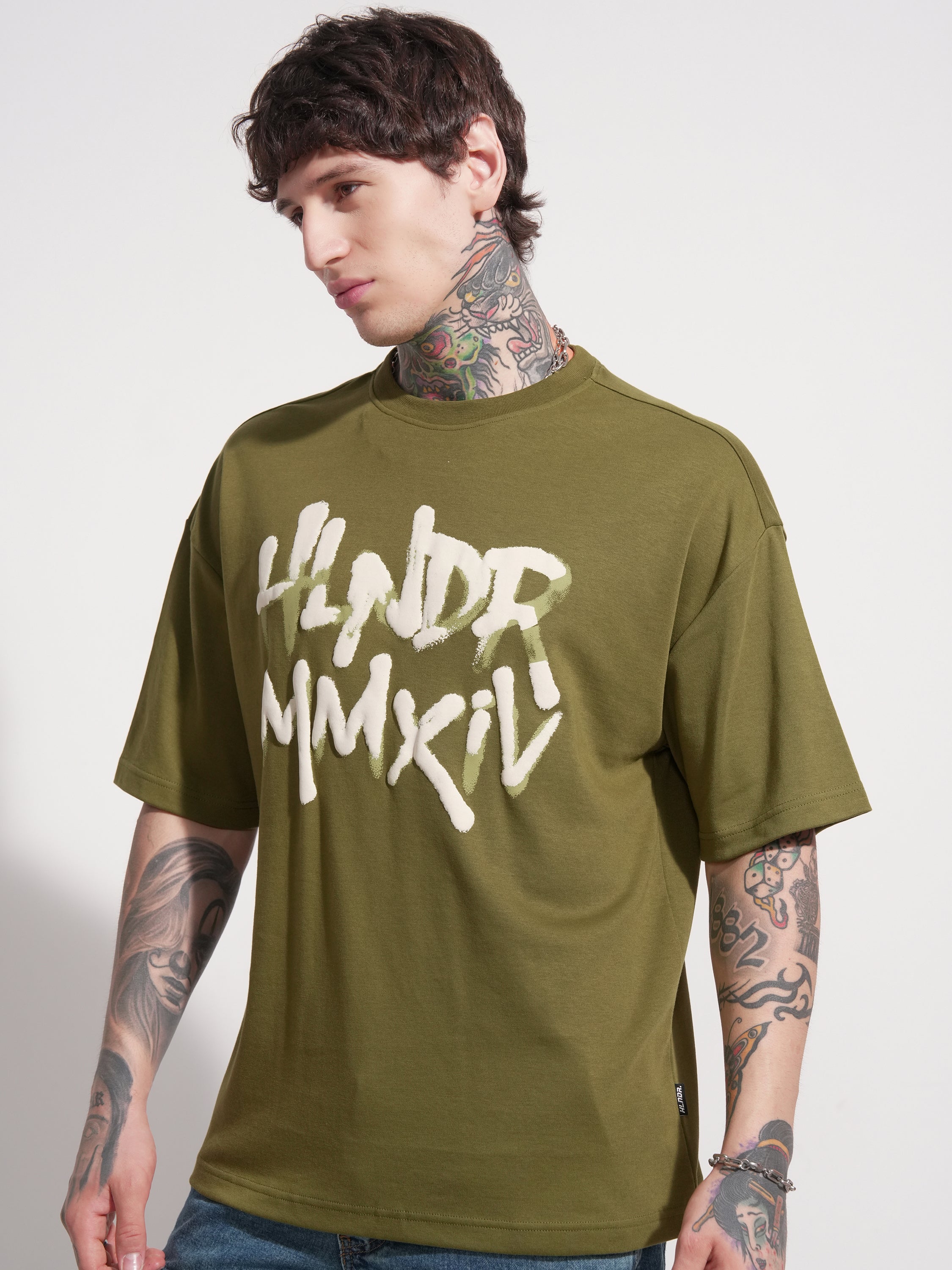 Highlander Men Olive Printed Round Neck Oversized Fit T-Shirt - Olive - Image 4