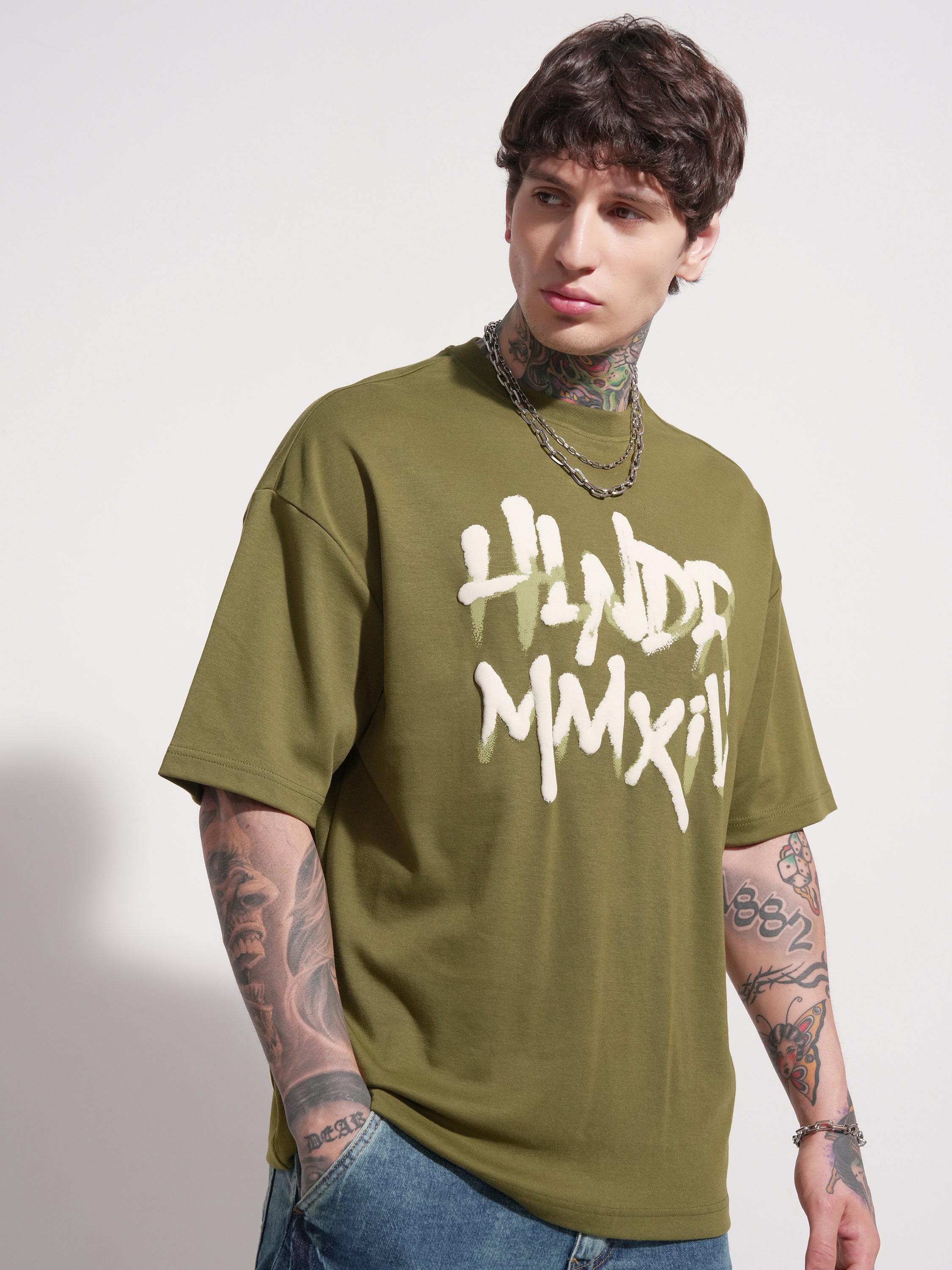 Highlander Men Olive Printed Round Neck Oversized Fit T-Shirt - Olive - Image 6