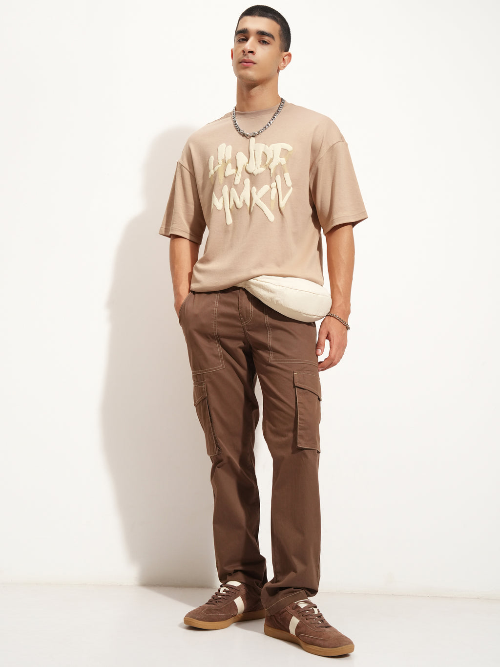 Highlander Men Beige Printed Round Neck Oversized Fit T-Shirt - Beige - Image 2