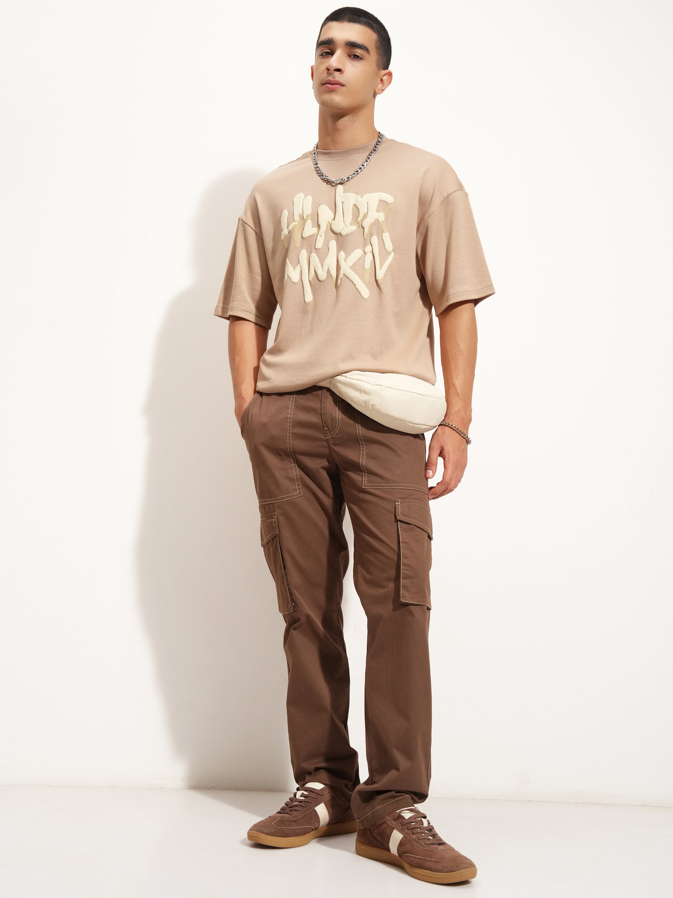 Highlander Men Beige Printed Round Neck Oversized Fit T-Shirt - Beige - Image 2