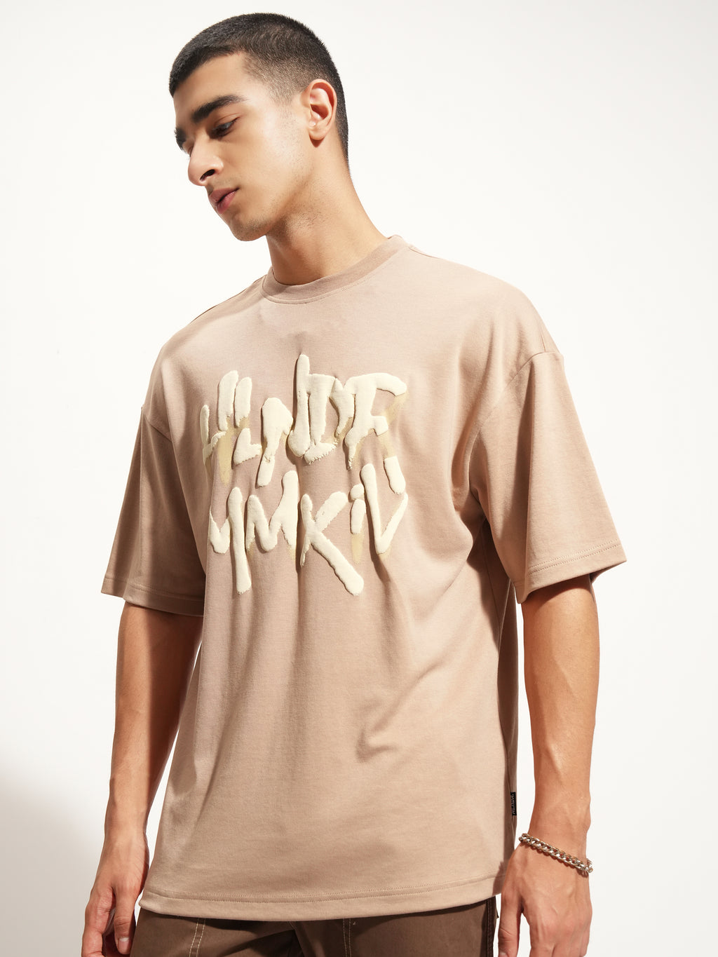 Highlander Men Beige Printed Round Neck Oversized Fit T-Shirt - Beige - Image 4