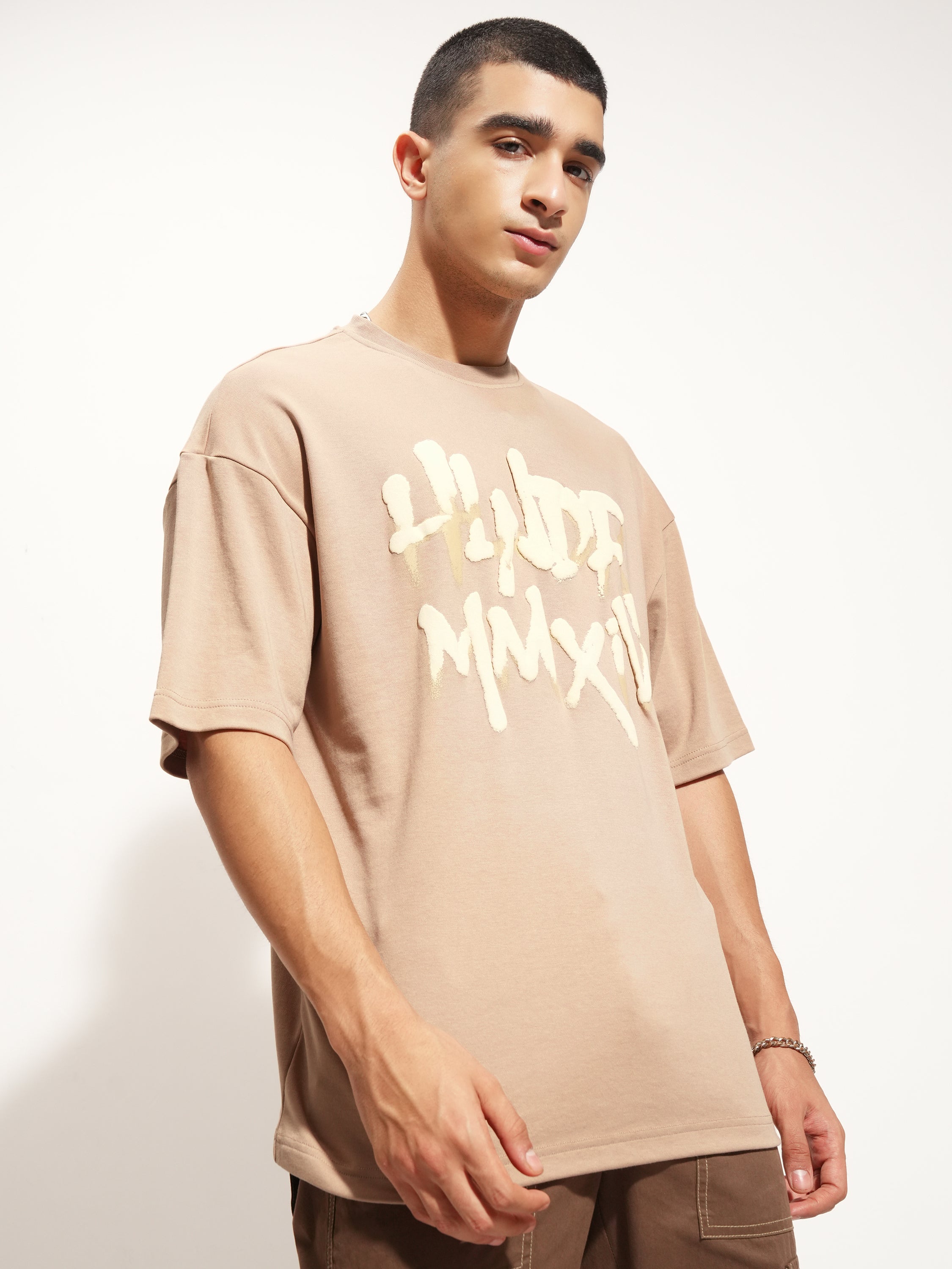 Highlander Men Beige Printed Round Neck Oversized Fit T-Shirt - Beige - Image 6