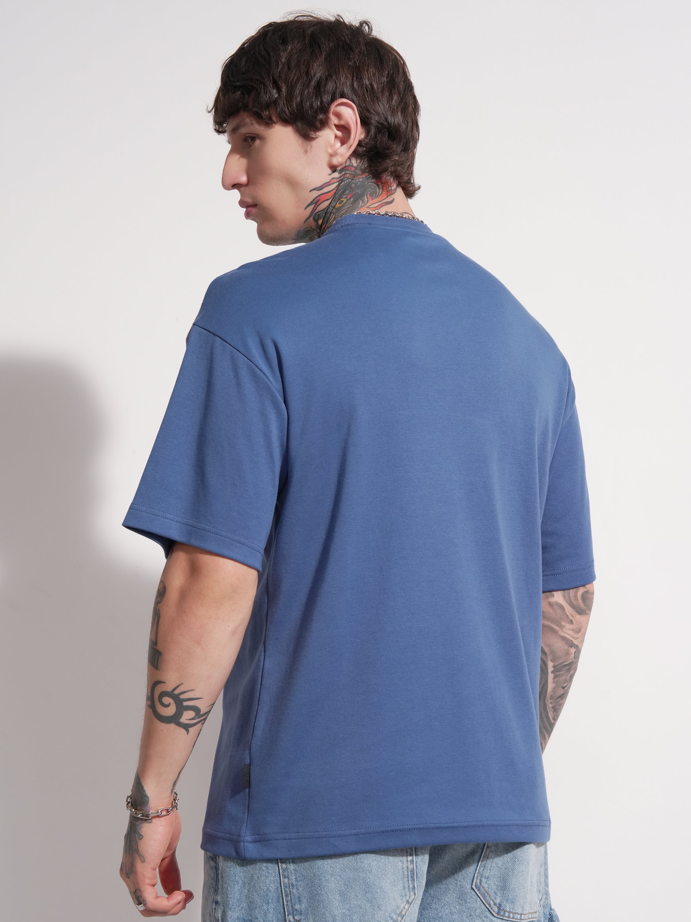 Highlander Men Blue Printed Round Neck Oversized Fit T-Shirt - Blue - Image 3
