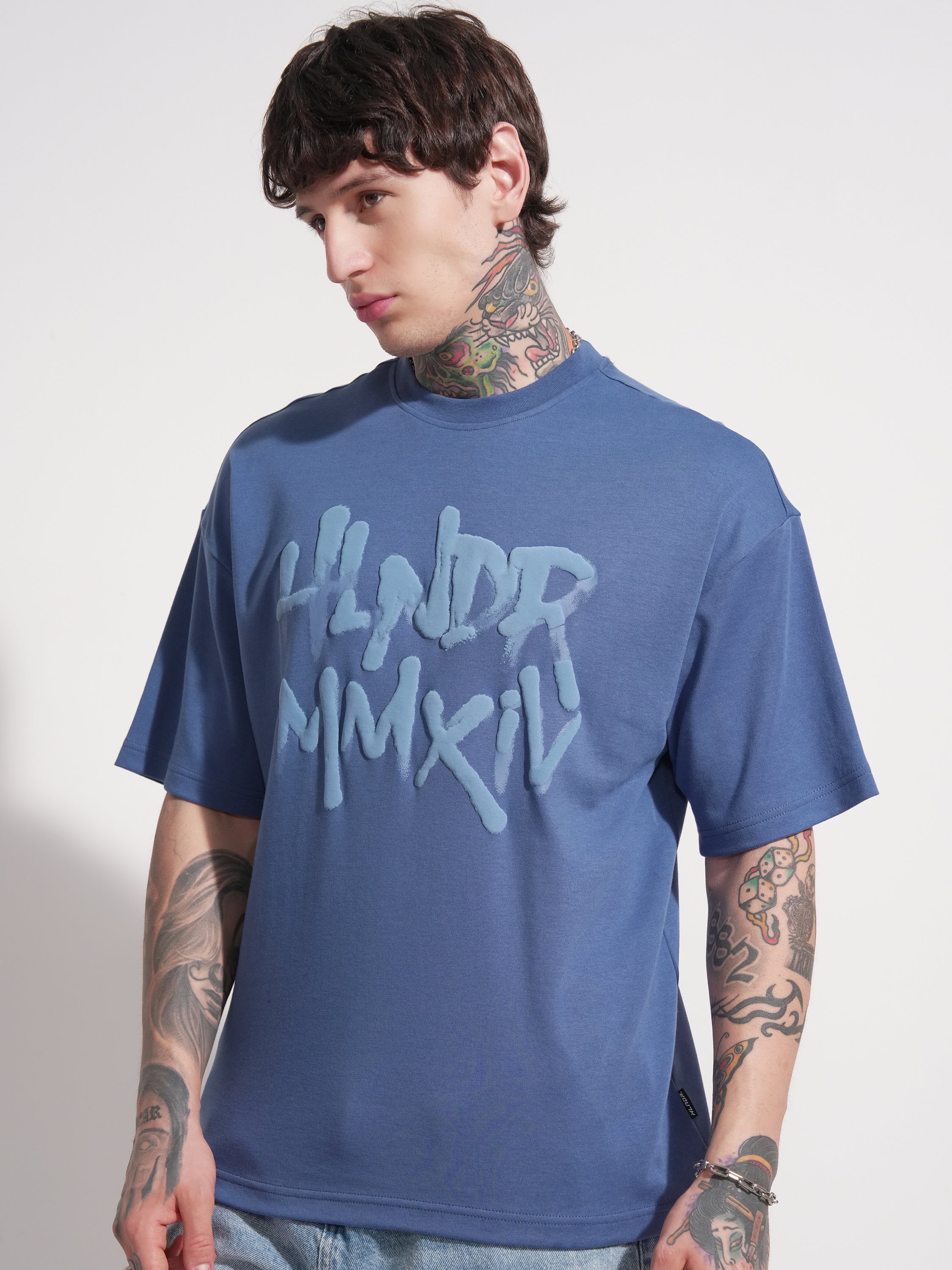 Highlander Men Blue Printed Round Neck Oversized Fit T-Shirt - Blue - Image 4