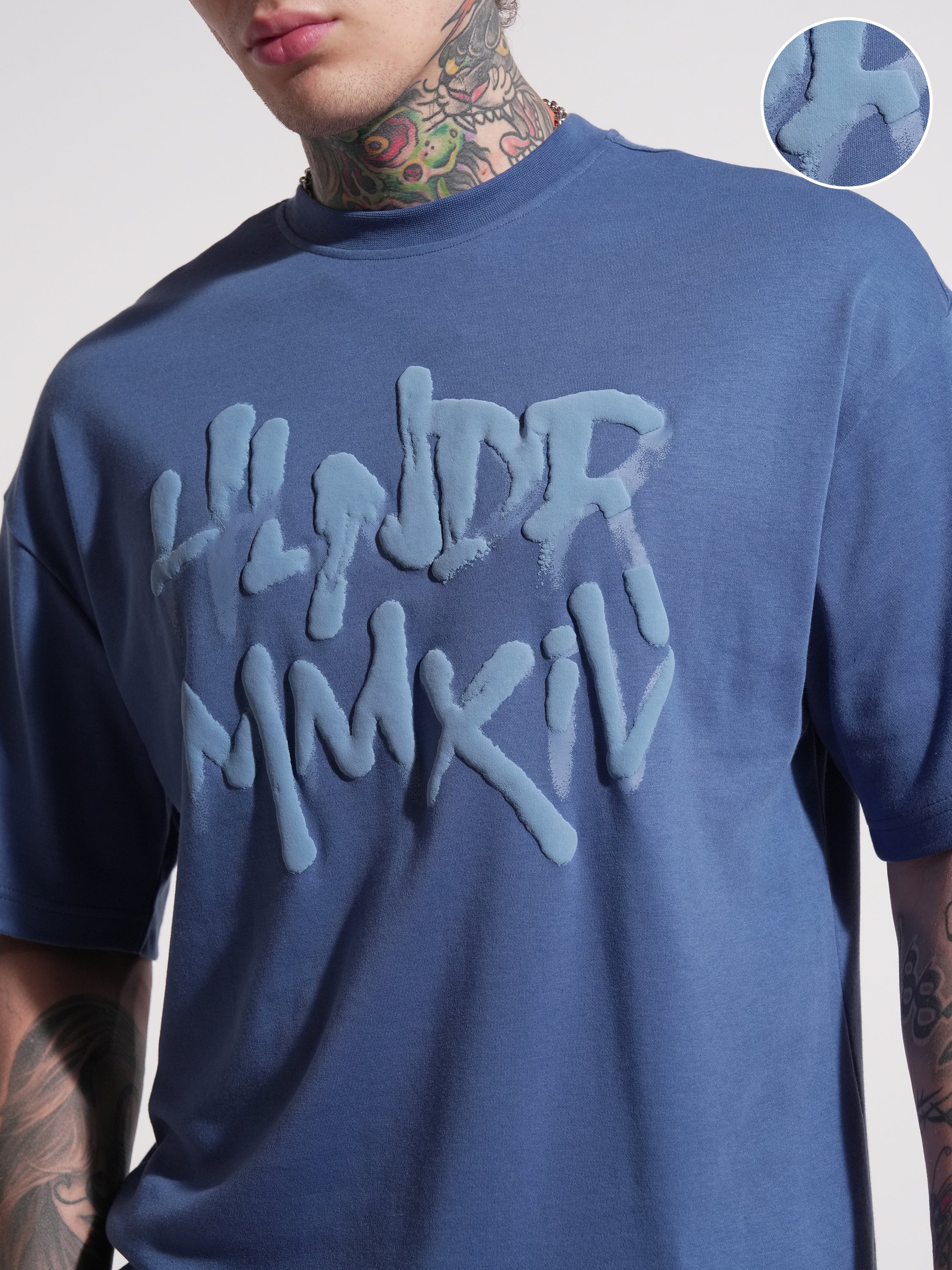 Highlander Men Blue Printed Round Neck Oversized Fit T-Shirt - Blue - Image 5