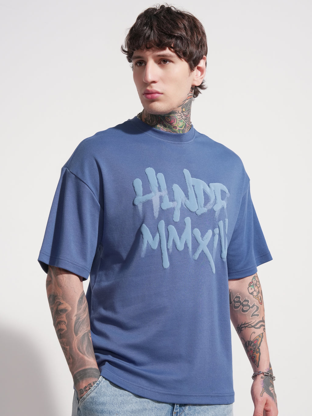 Highlander Men Blue Printed Round Neck Oversized Fit T-Shirt - Blue - Image 6