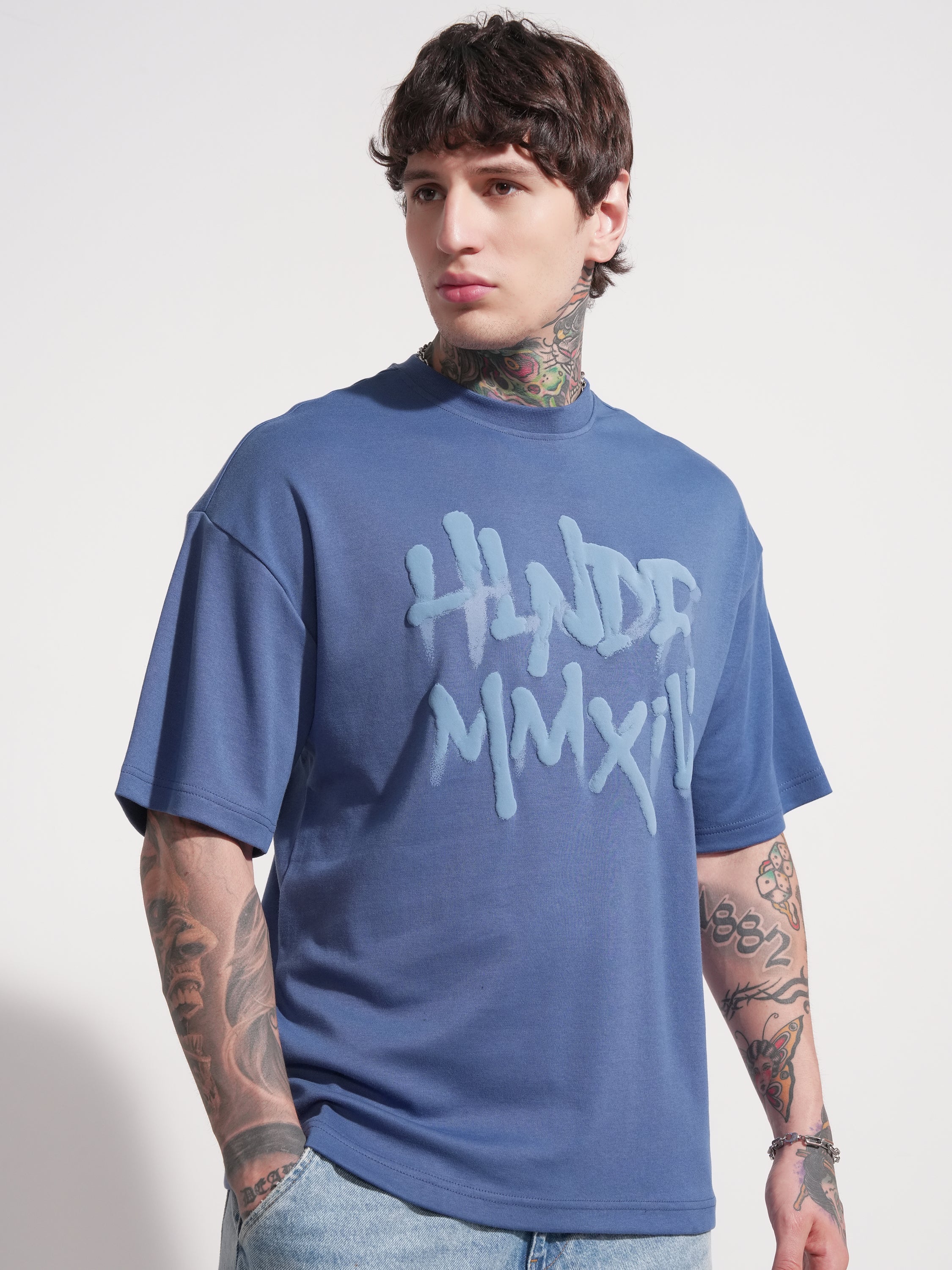 Highlander Men Blue Printed Round Neck Oversized Fit T-Shirt - Blue - Image 6