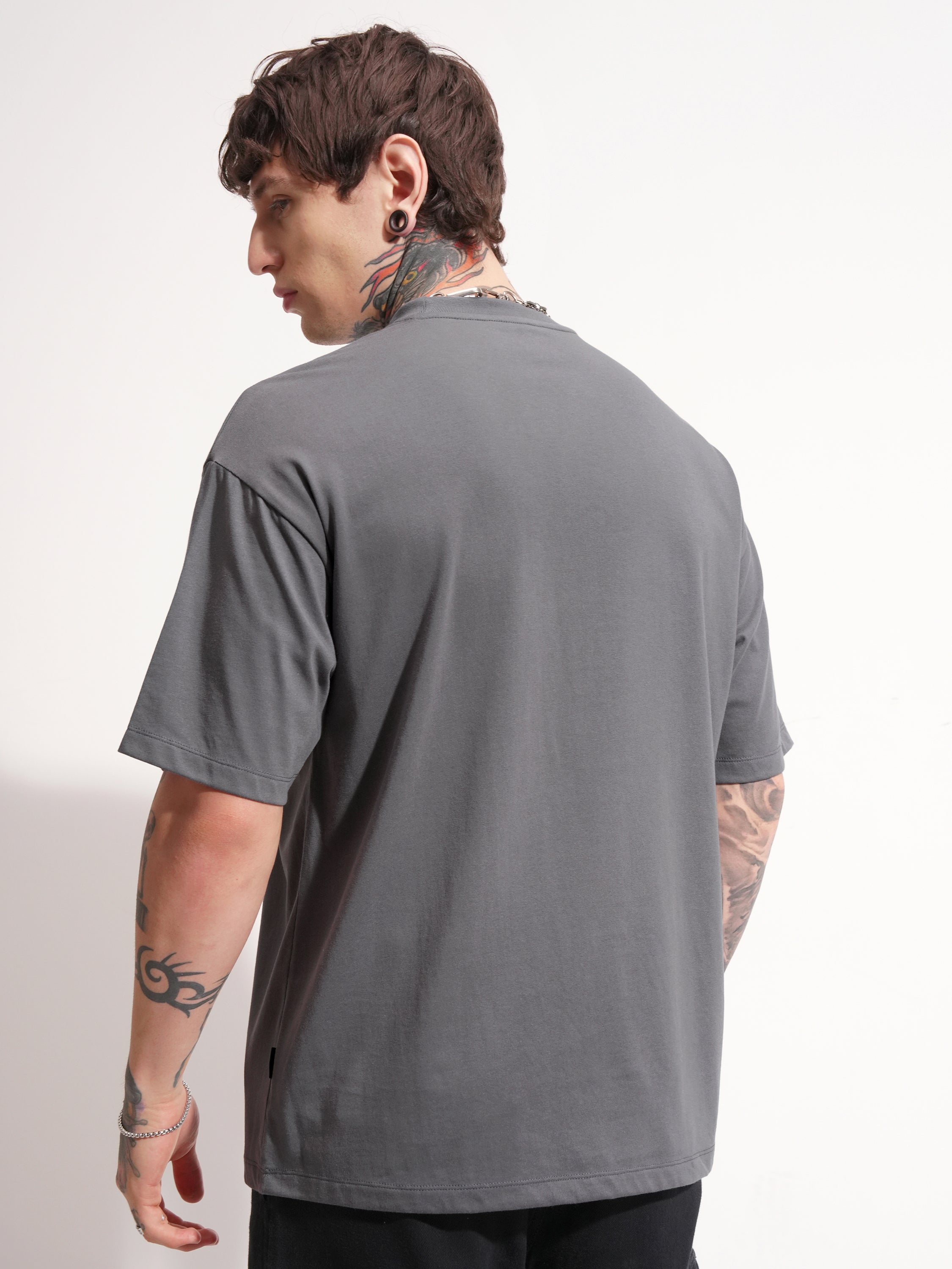 Highlander Men Grey Printed Round Neck Oversized Fit T-Shirt - Grey - Image 3