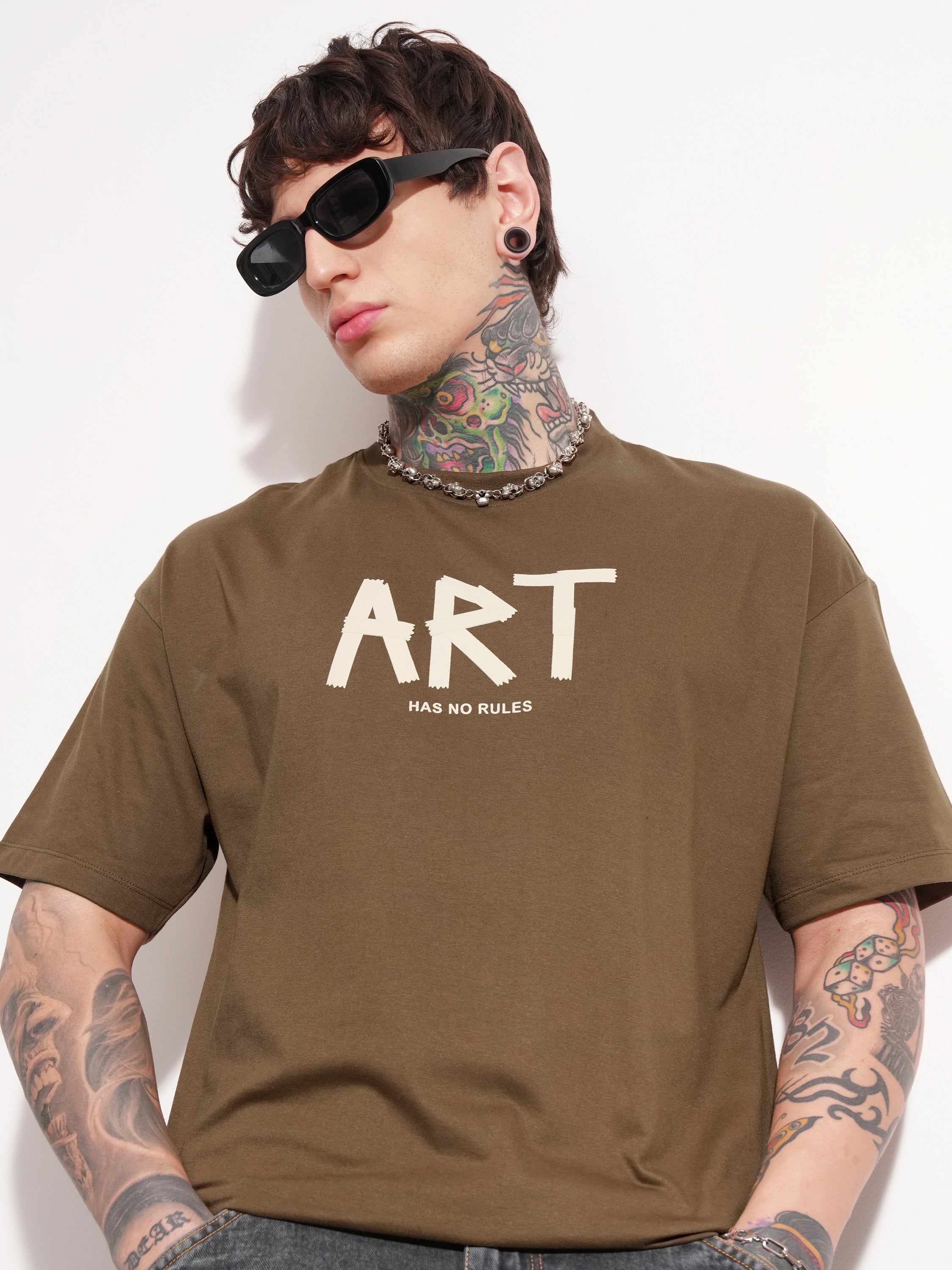 Highlander Men Brown Printed Round Neck Oversized Fit T-Shirt - Brown - Image 1