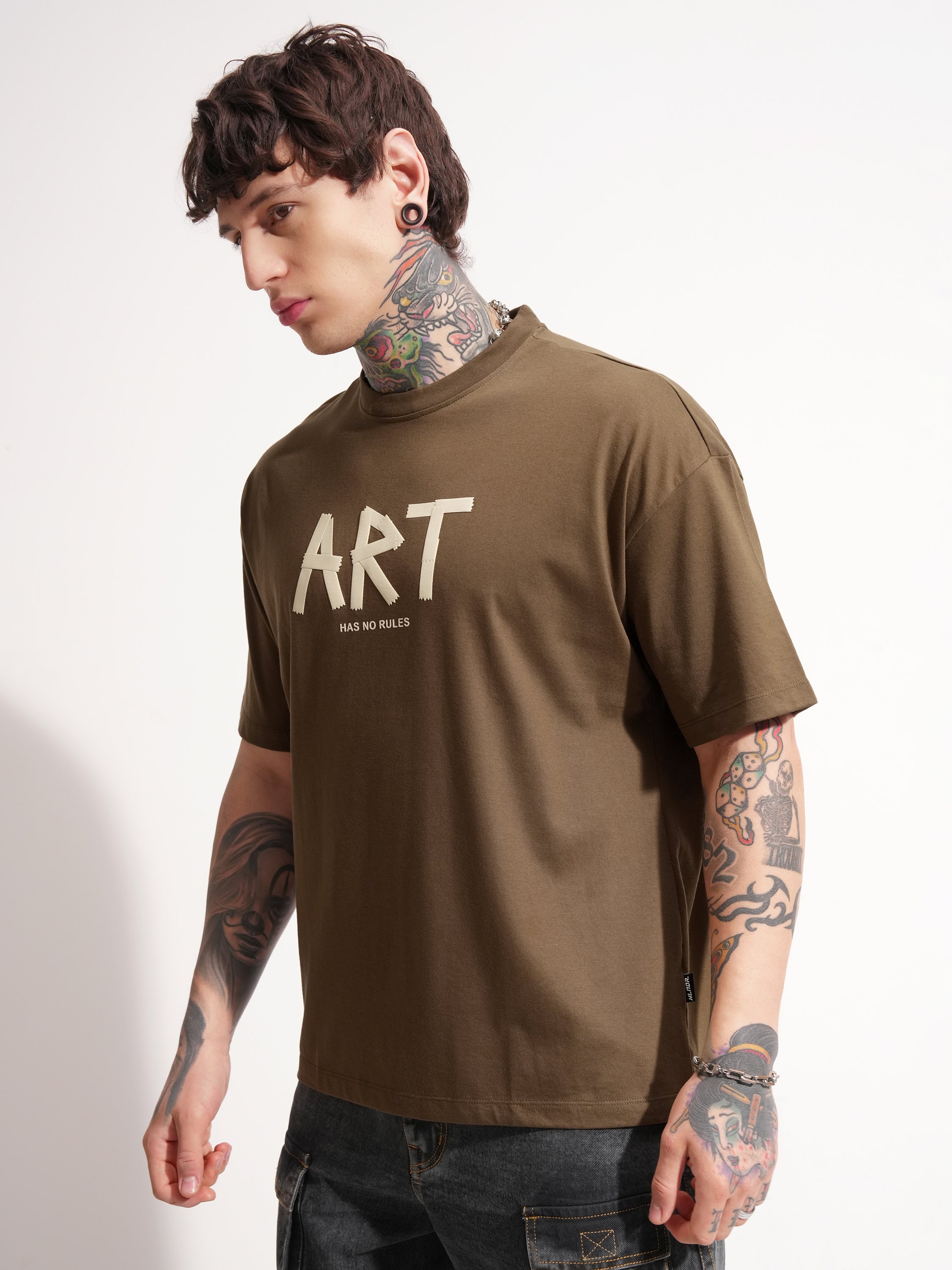 Highlander Men Brown Printed Round Neck Oversized Fit T-Shirt - Brown - Image 4