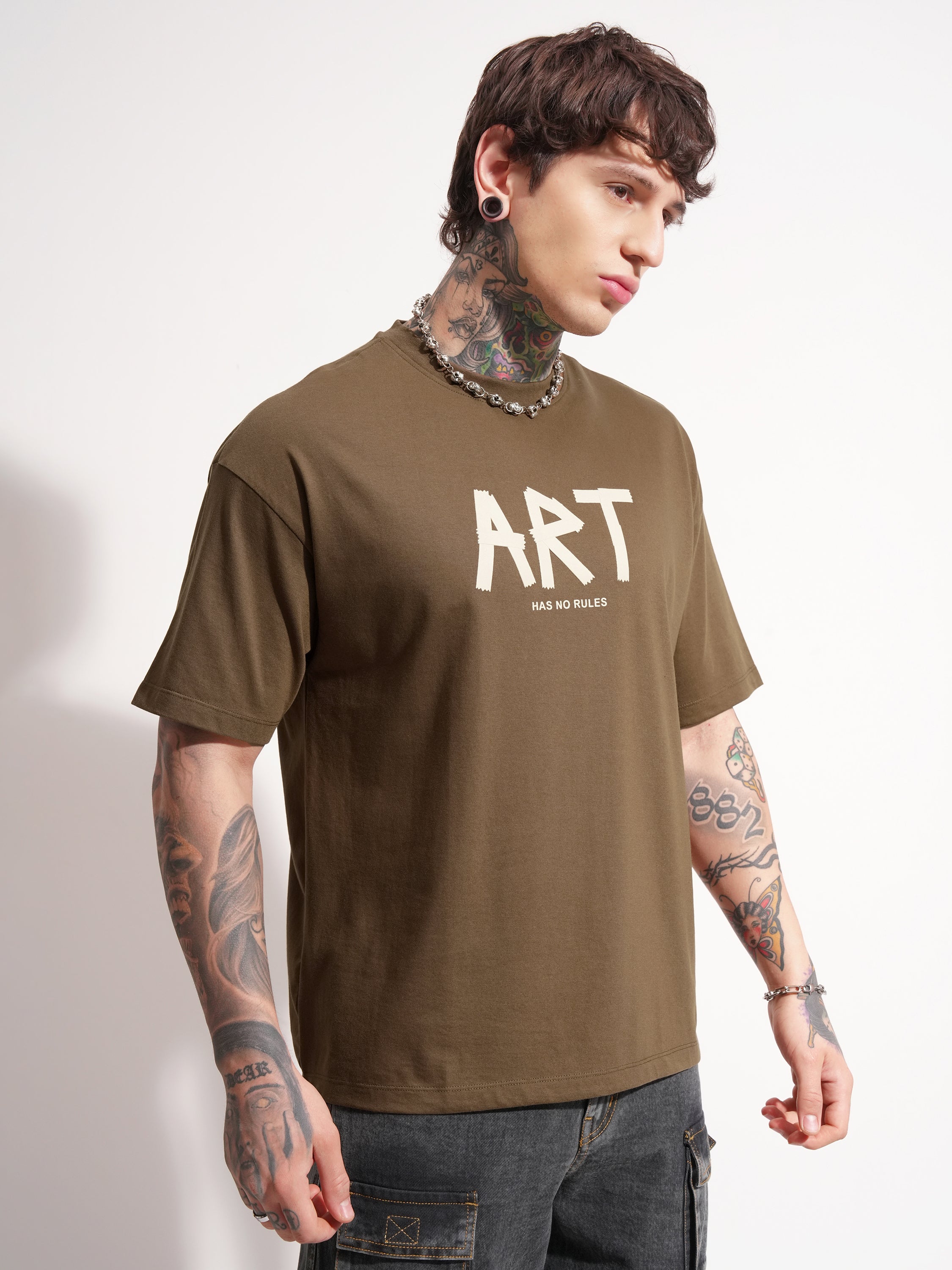 Highlander Men Brown Printed Round Neck Oversized Fit T-Shirt - Brown - Image 6