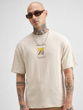 Highlander Men Beige Printed Round Neck Oversized Fit T-Shirt - Beige - Image 1