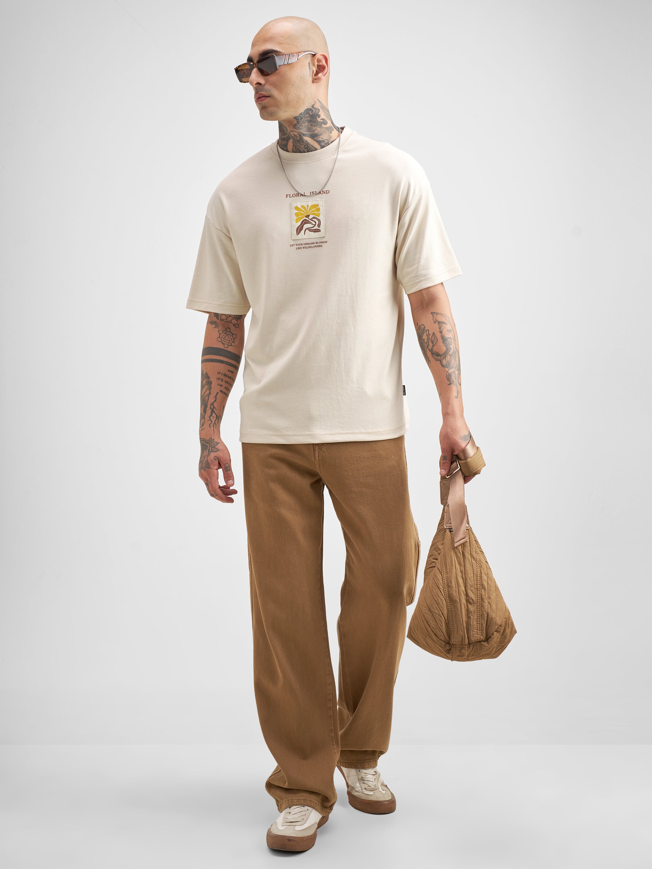 Highlander Men Beige Printed Round Neck Oversized Fit T-Shirt - Beige - Image 2