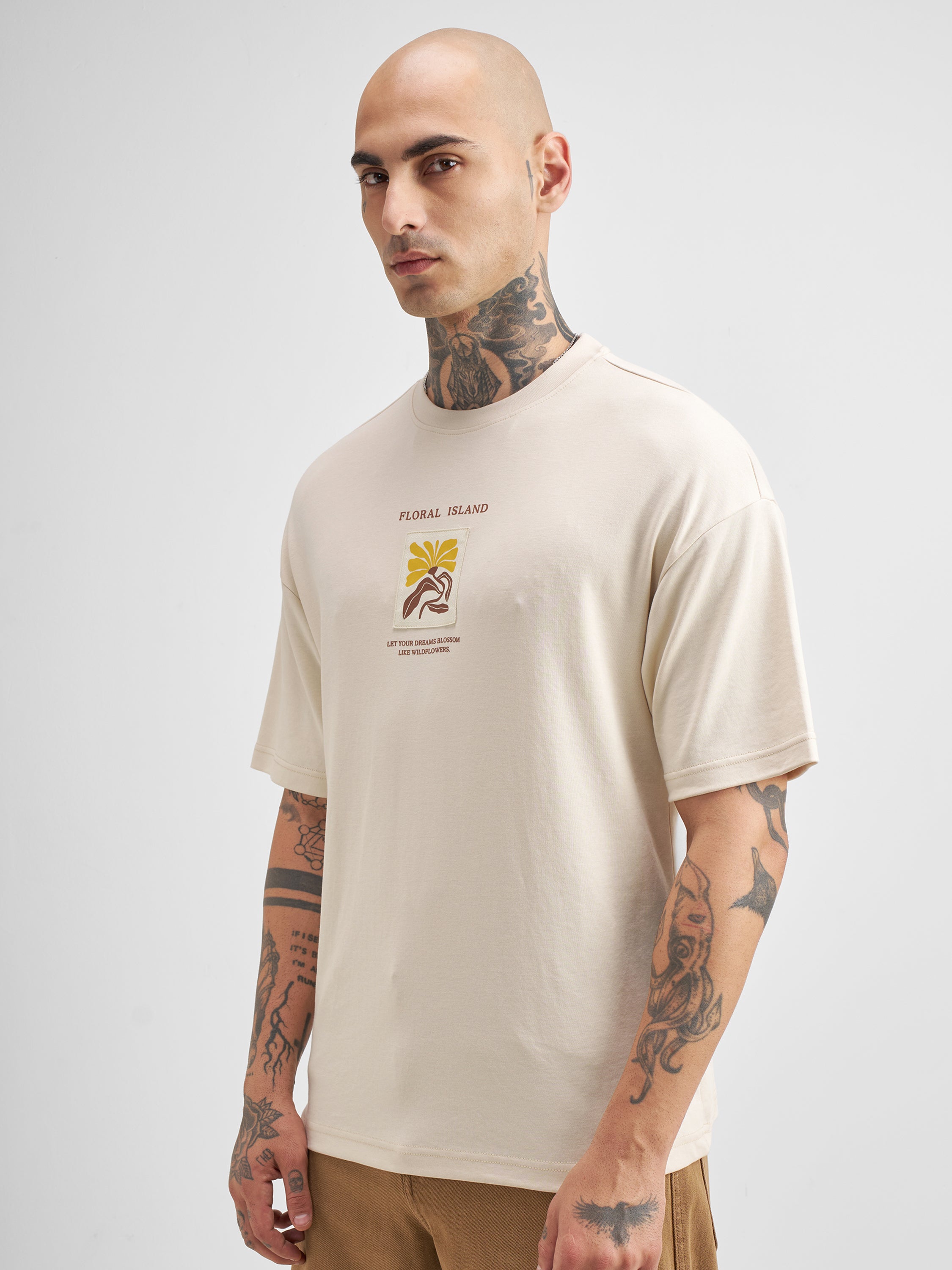 Highlander Men Beige Printed Round Neck Oversized Fit T-Shirt - Beige - Image 4