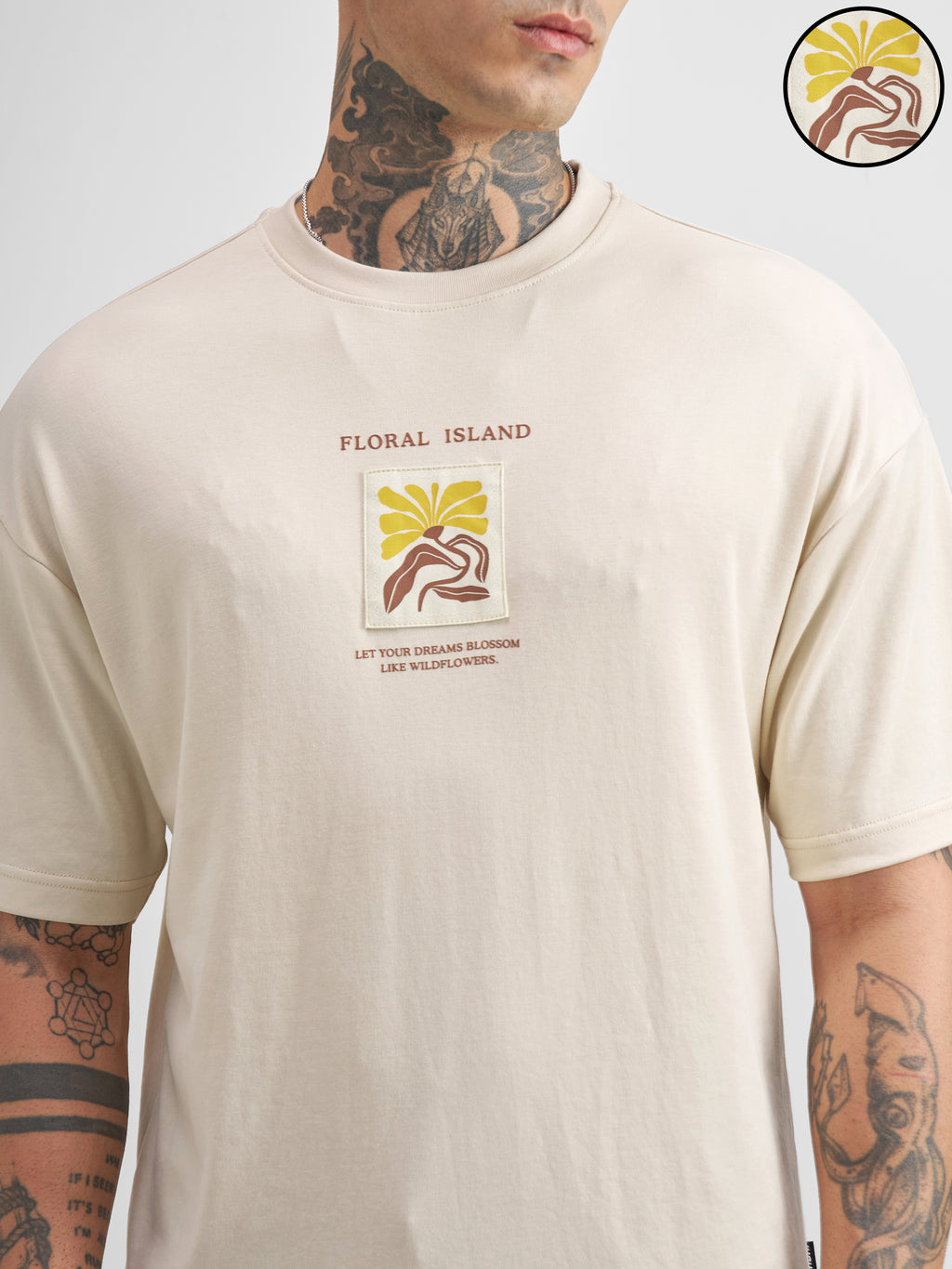 Highlander Men Beige Printed Round Neck Oversized Fit T-Shirt - Beige - Image 5