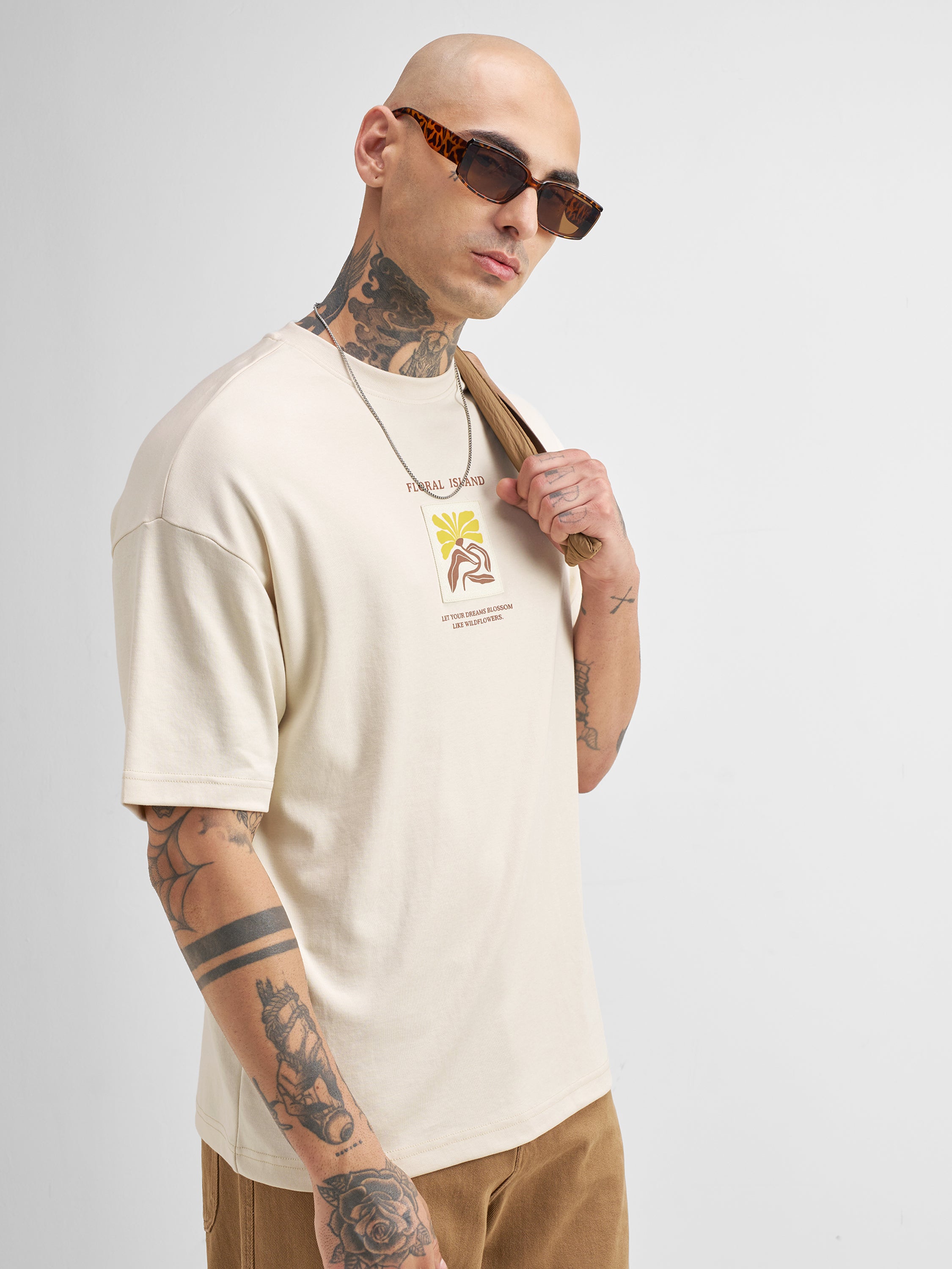 Highlander Men Beige Printed Round Neck Oversized Fit T-Shirt - Beige - Image 6
