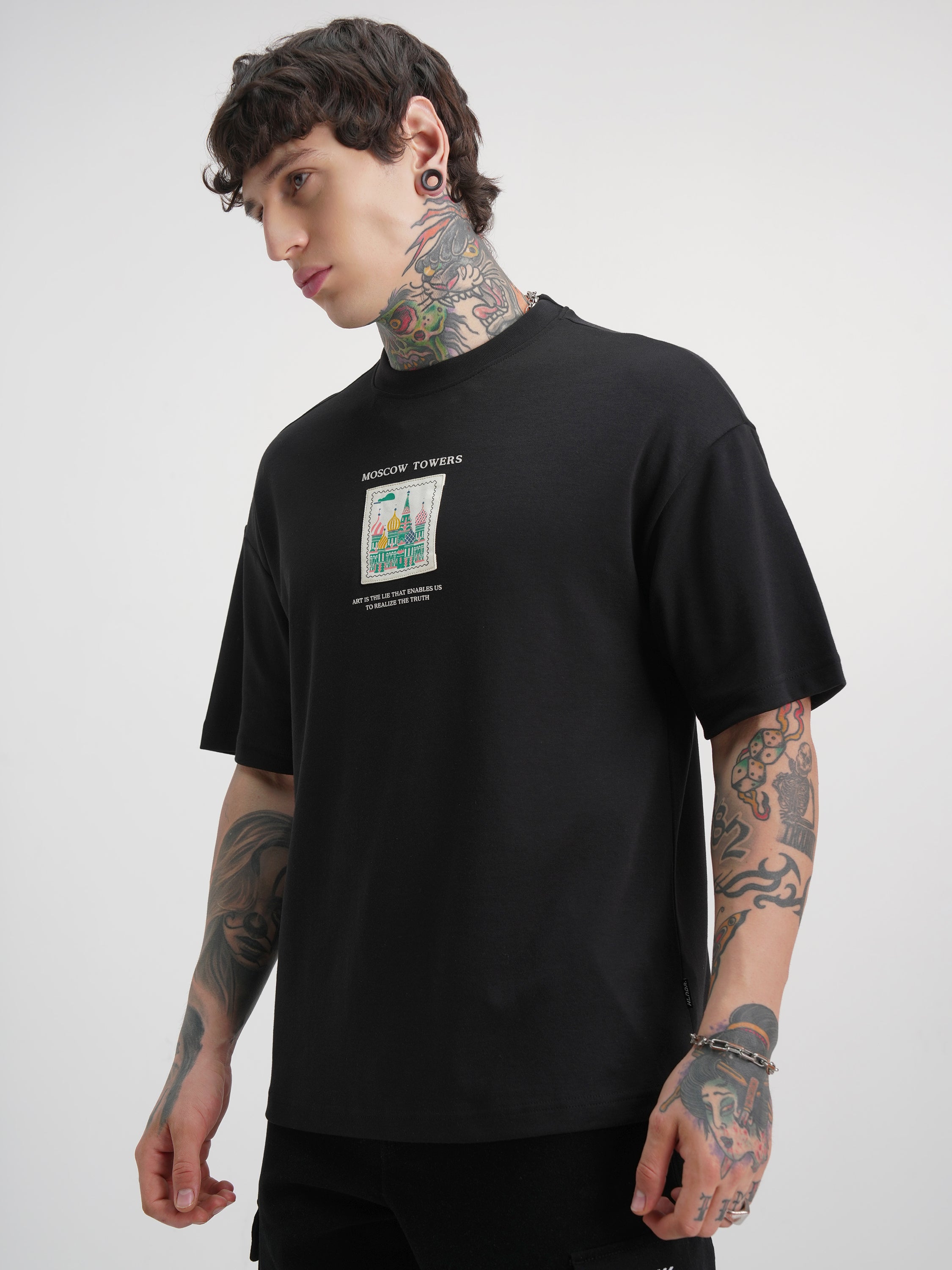 Highlander Men Black Printed Round Neck Oversized Fit T-Shirt - Black - Image 4